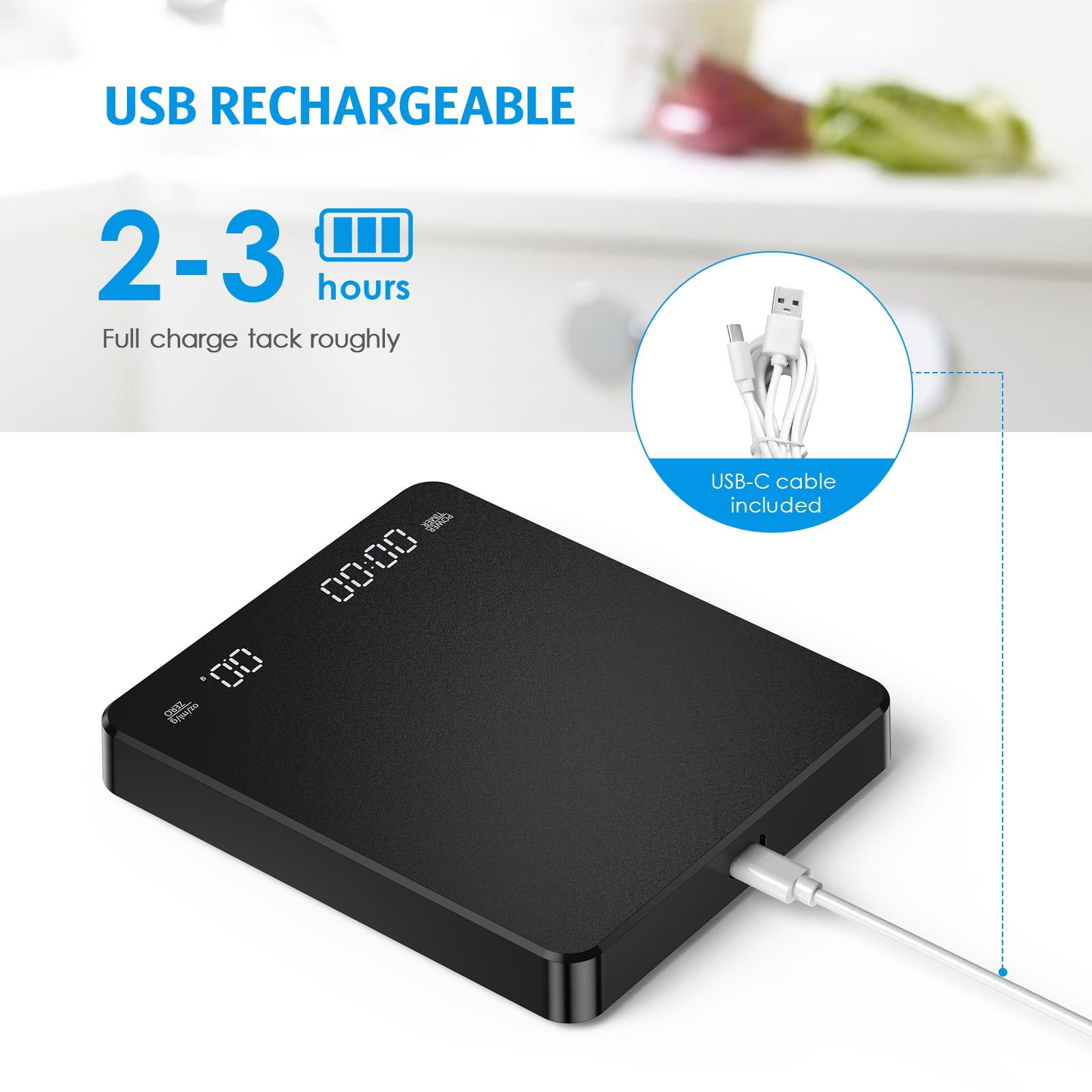 Schwarze digitale Waage mit USB-C-Anschluss und Ladeanzeige.
