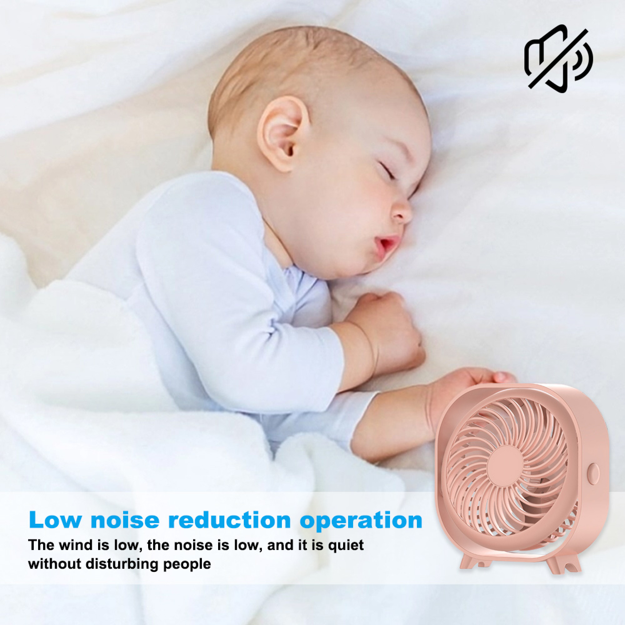 Ein Baby schläft neben einem kleinen rosa Ventilator mit Stummschaltungssymbol.