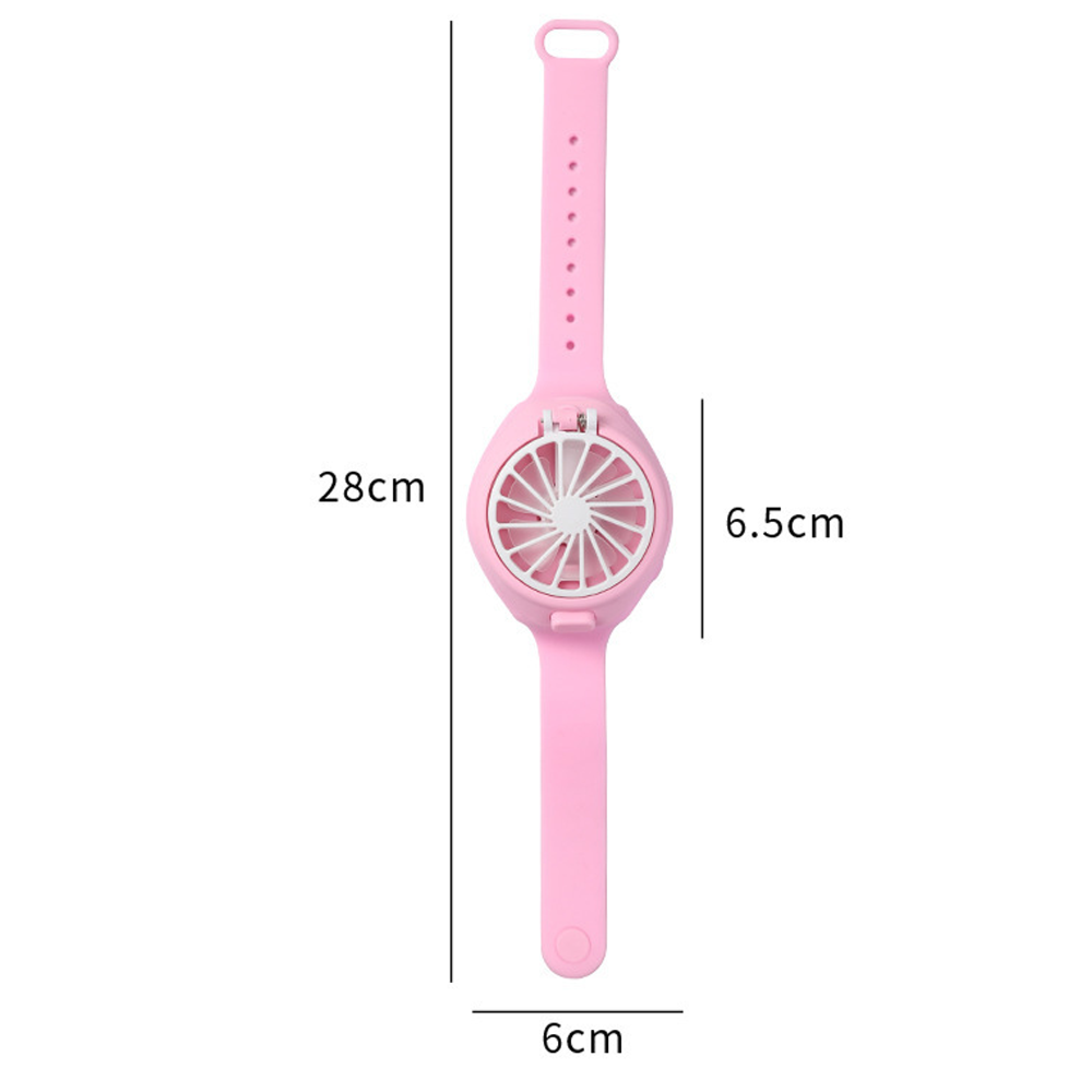 Ein rosafarbener Armbandventilator mit weißen Lüfterblättern und Maßen.