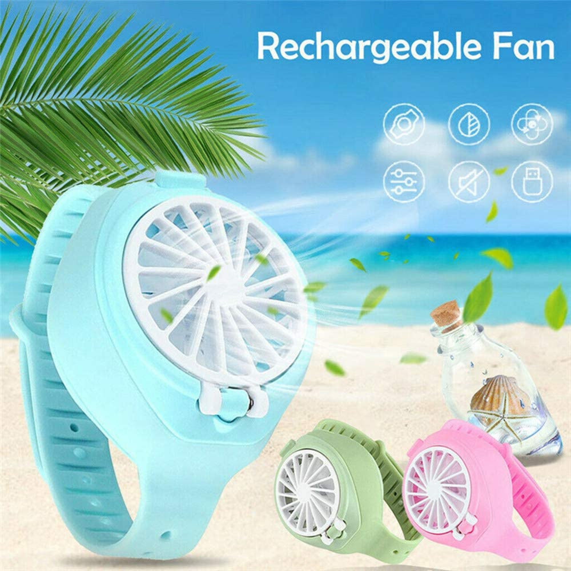 Türkisblaues Armband-Ventilator mit weißem Lüfterblatt, daneben grüne und rosa Ventilatoren.
