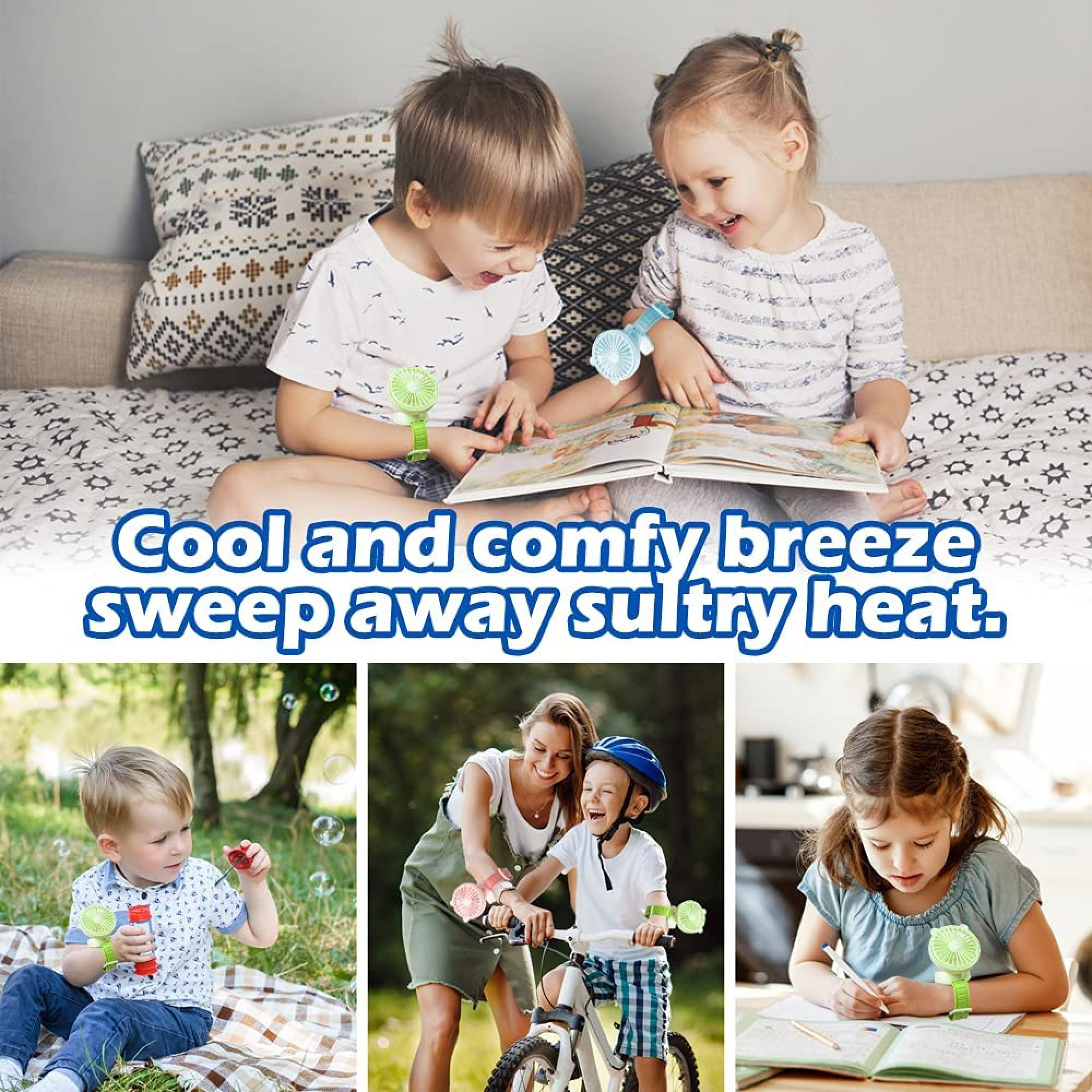 Kinder drinnen und draußen mit kleinen Ventilatoren am Handgelenk.