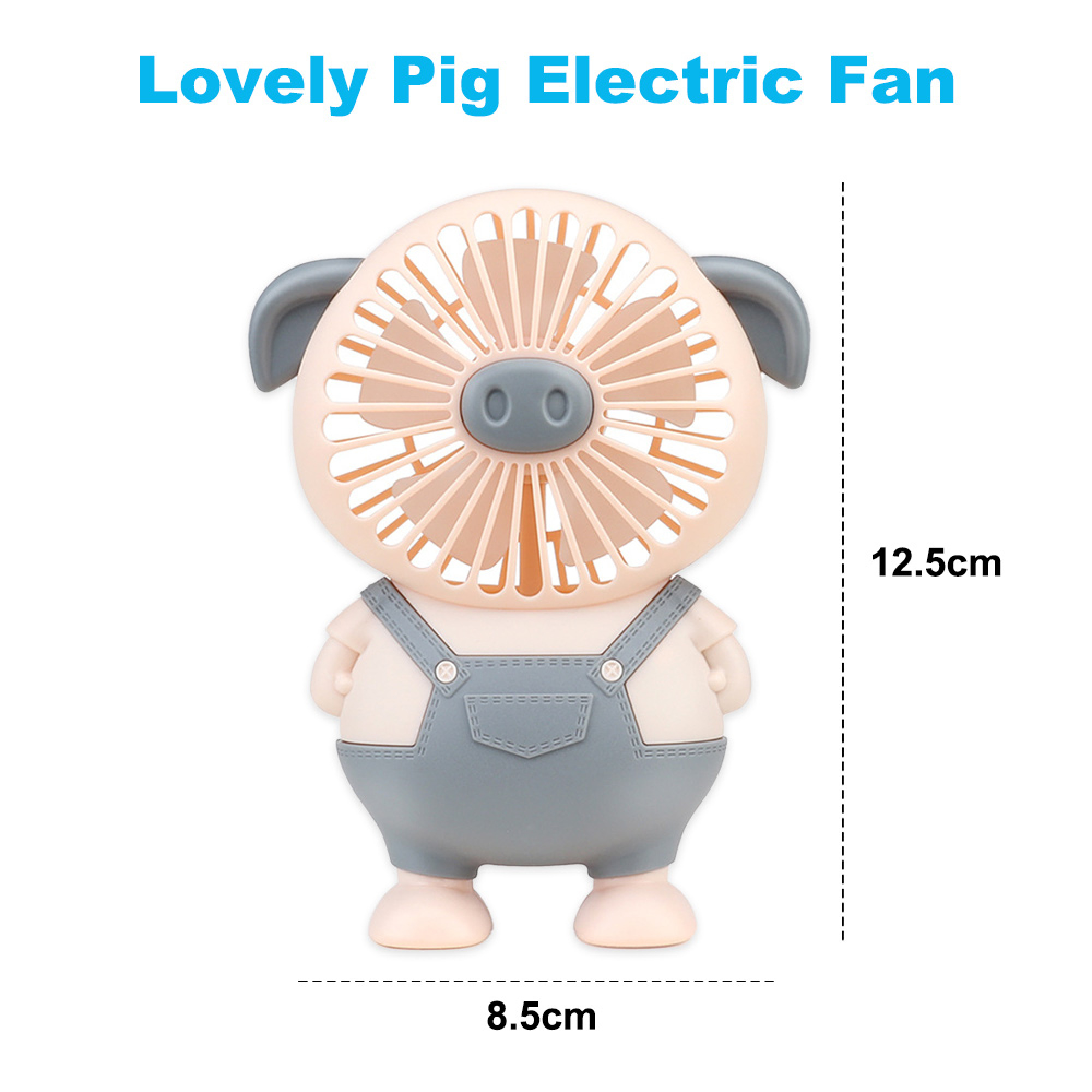 Ein kleiner rosa Ventilator in Form eines Schweins mit blauen Latzhosen.