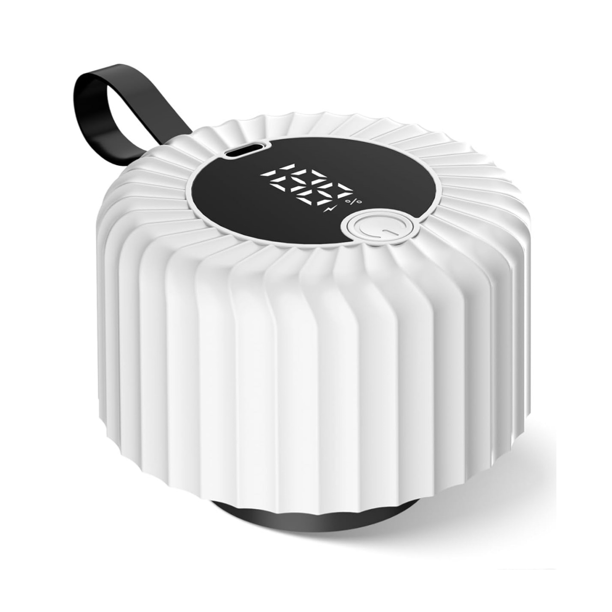 Weiße gerippte Lampe mit schwarzem Tragegriff und digitaler Anzeige.