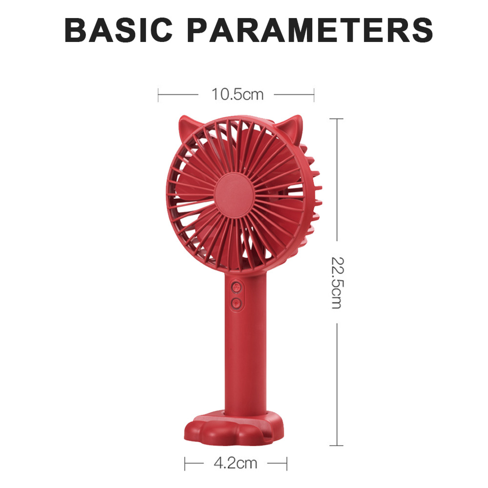 Ein roter Mini-Ventilator mit Katzenohren und Maßen von 10,5 cm Breite und 22,5 cm Höhe.