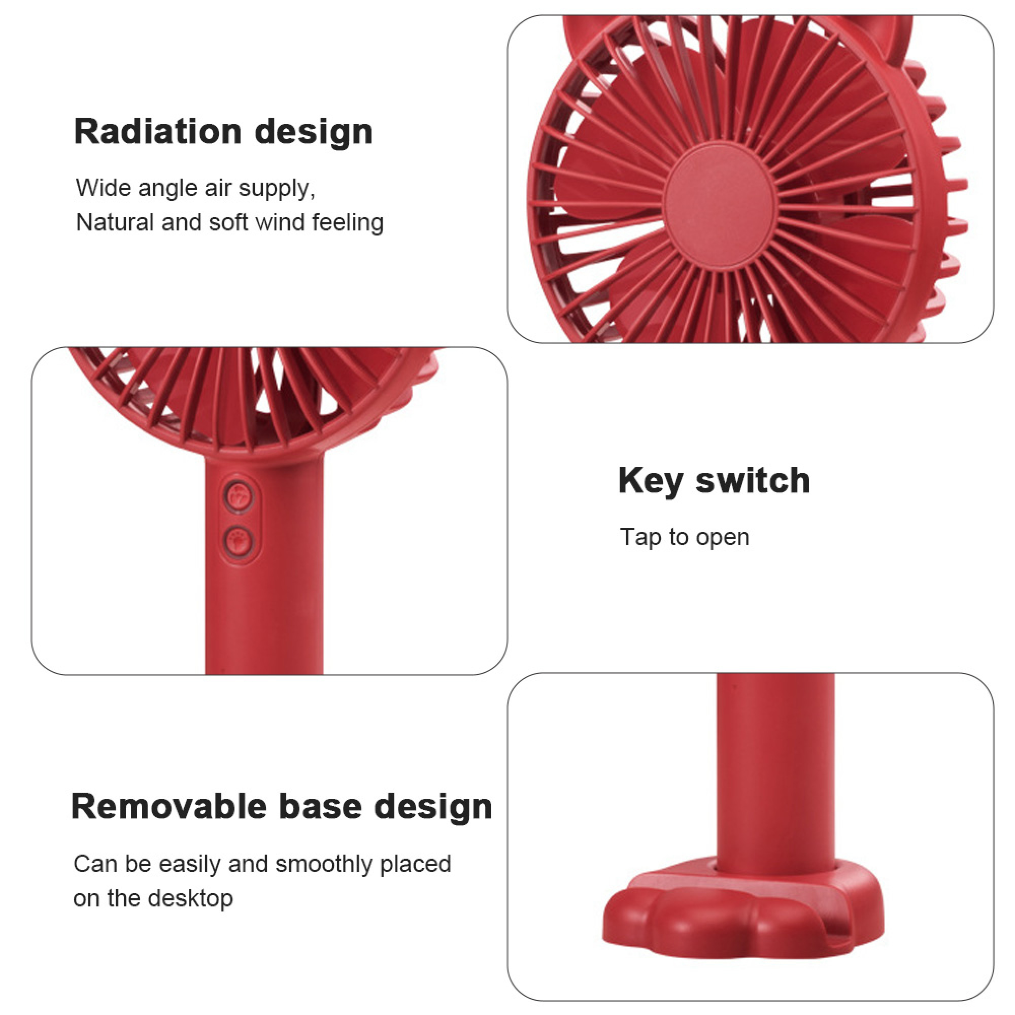 Roter Ventilator mit abnehmbarer Basis und Tasten.