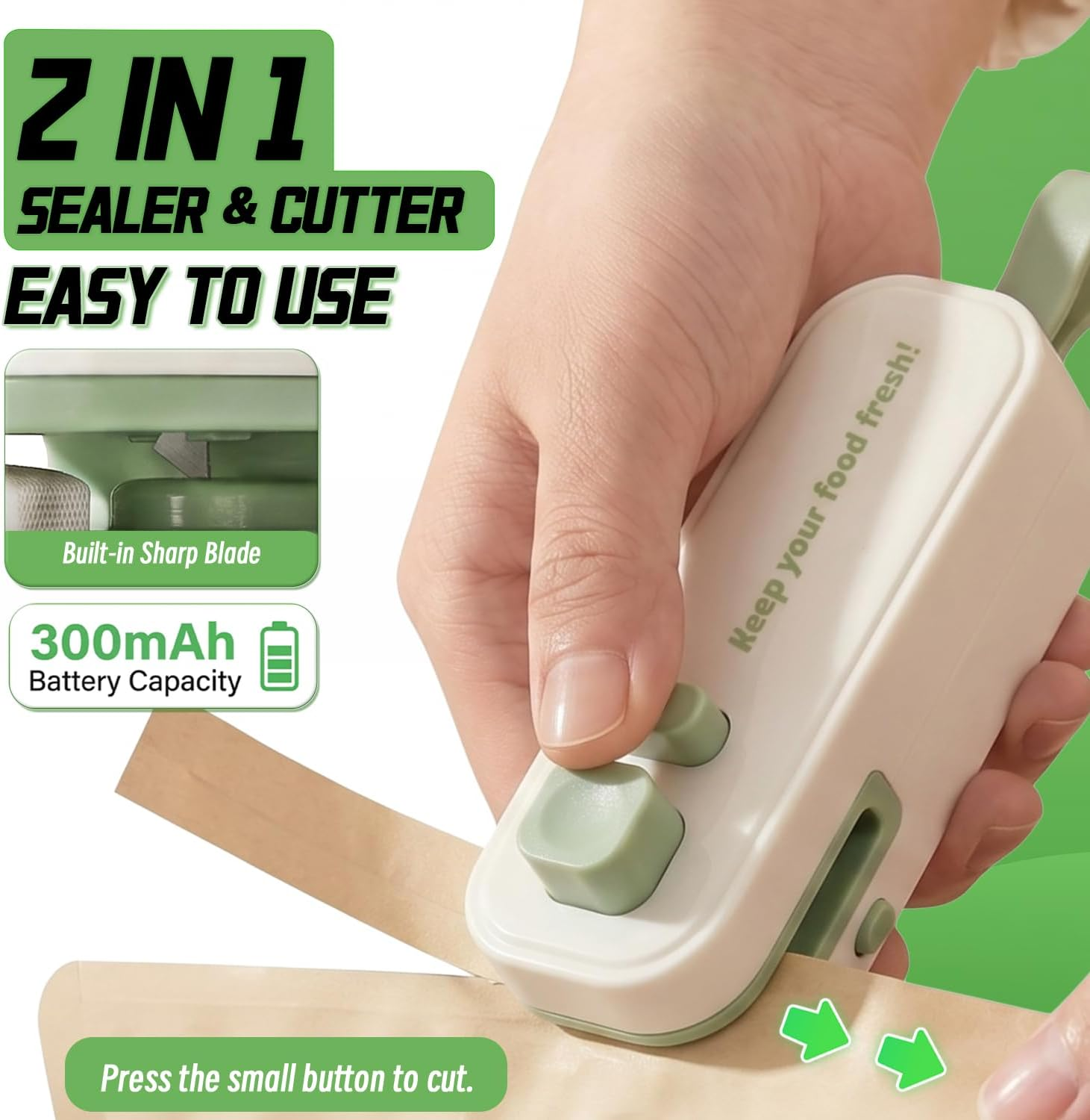 Ein weißer und grüner 2-in-1-Versiegler und -Schneider wird benutzt, um eine braune Tüte zu schneiden.
