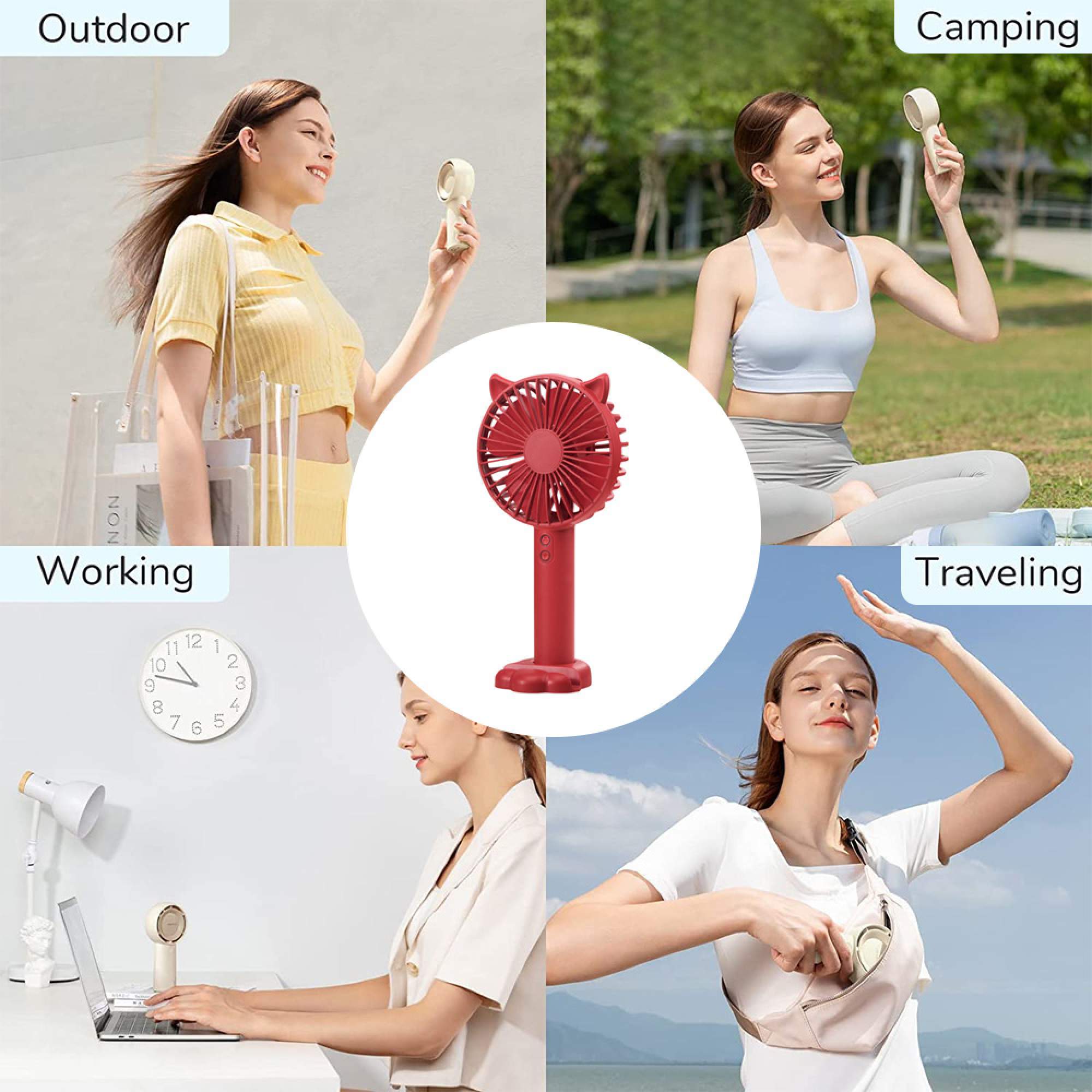 Vier Szenen zeigen tragbare Ventilatoren: Outdoor, Camping, Arbeit, Reisen.