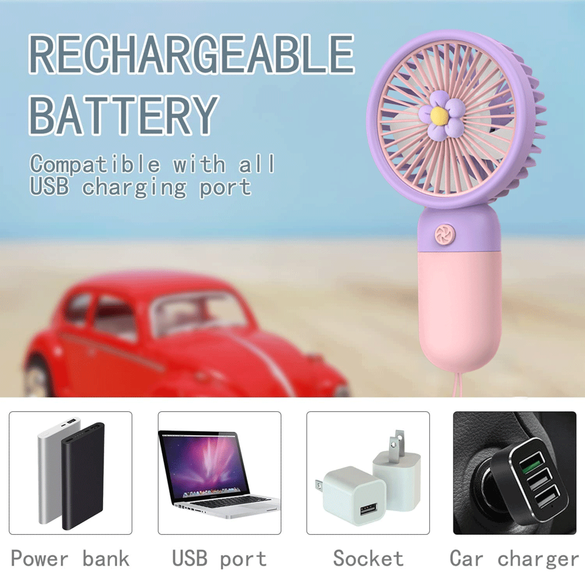Lila und rosa Ventilator mit Blumenmuster, neben einem roten Auto.