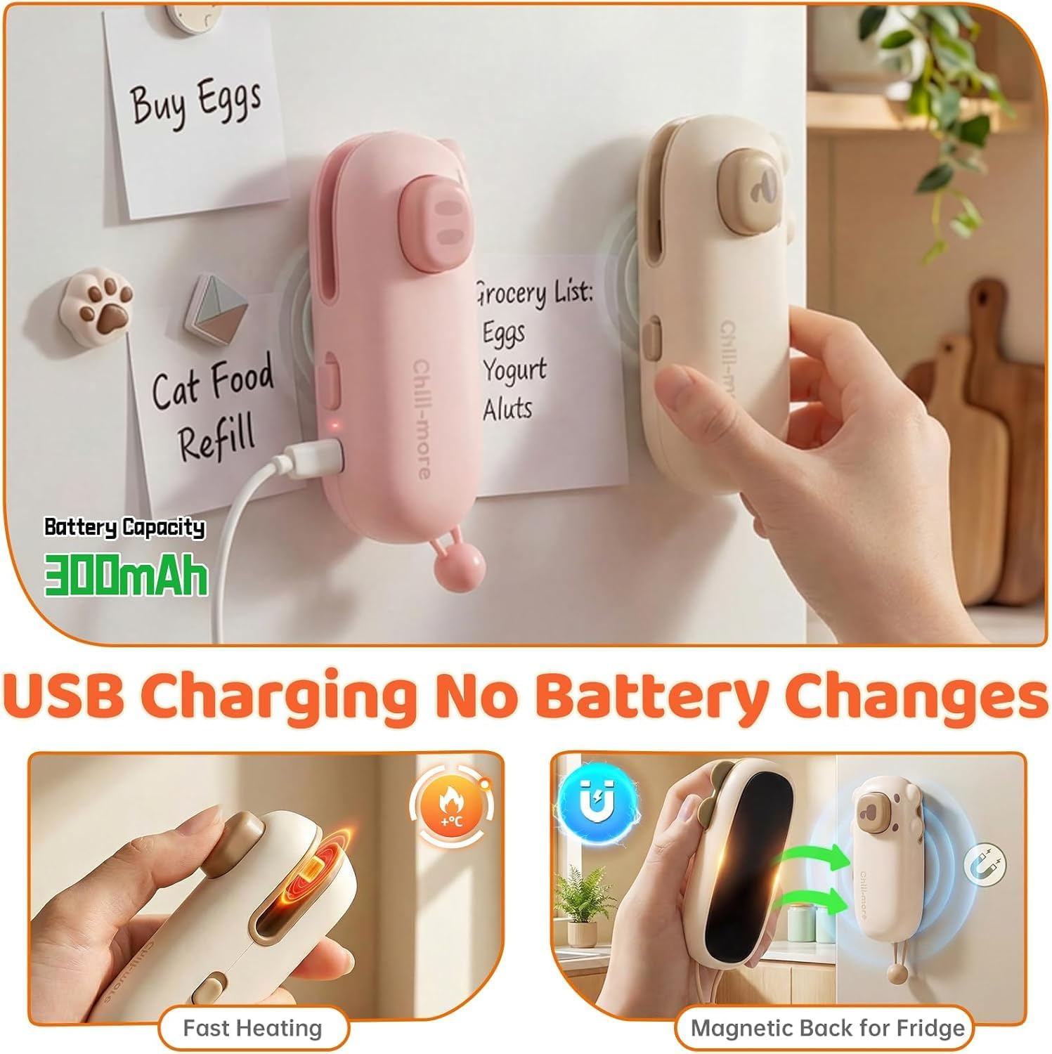 Zwei Schweineförmige USB-Geräte an einer Kühlschranktür, eines wird aufgeladen.