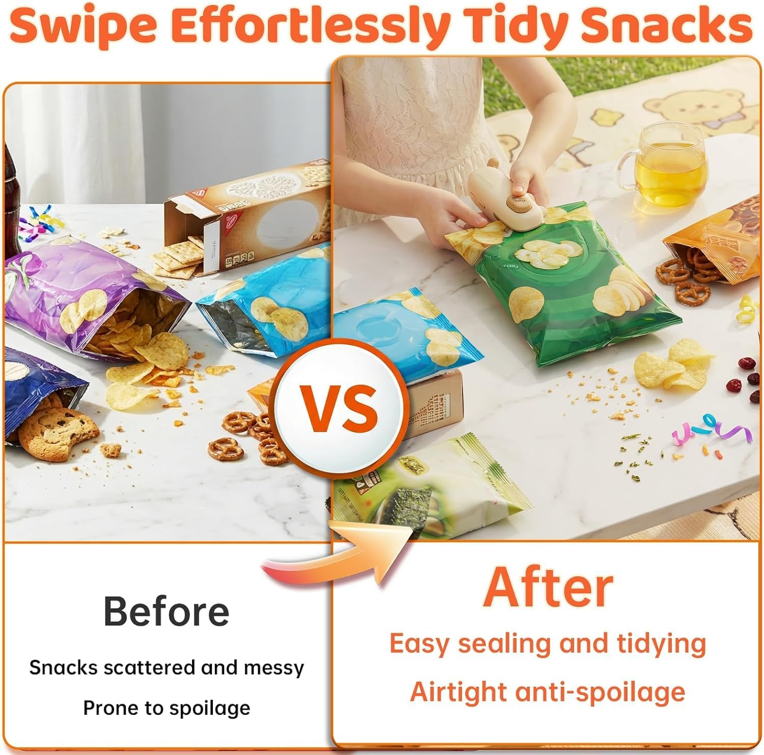 Vorher: verstreute Snacks. Nachher: Kind versiegelt Snacktüte mit Gerät.