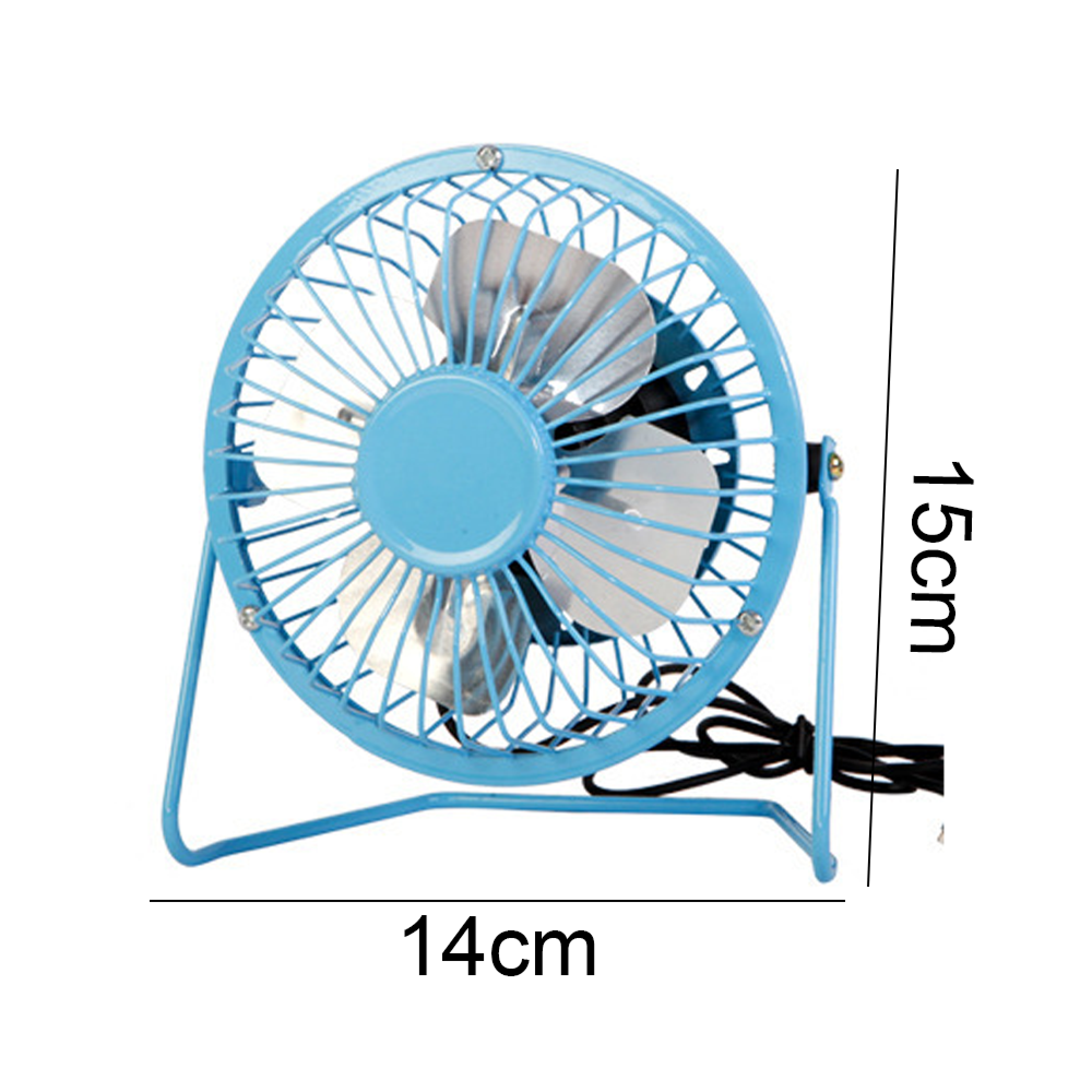 Ein kleiner blauer Ventilator mit silbernen Rotorblättern auf einem Ständer.