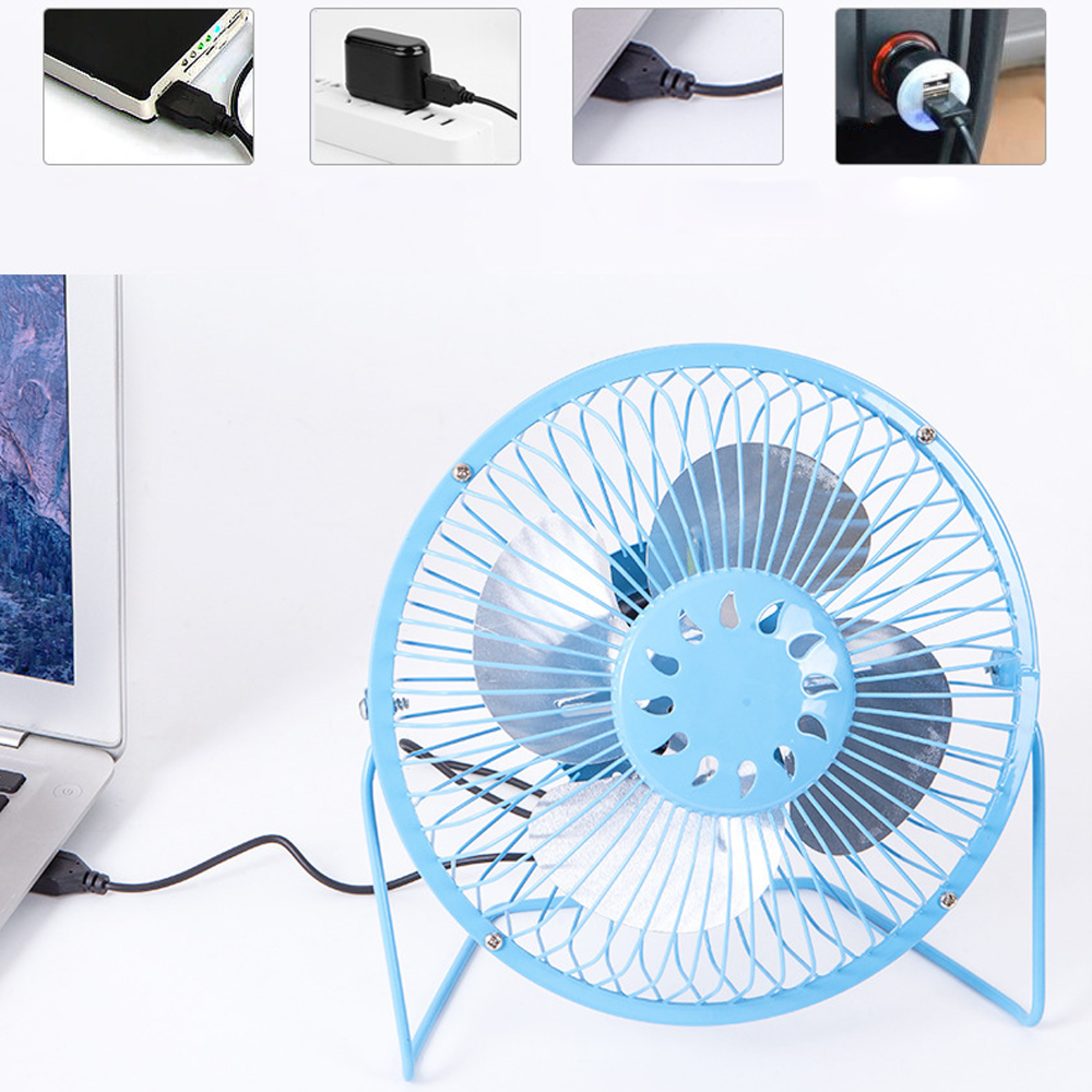 Ein kleiner blauer USB-Ventilator steht neben einem Laptop.