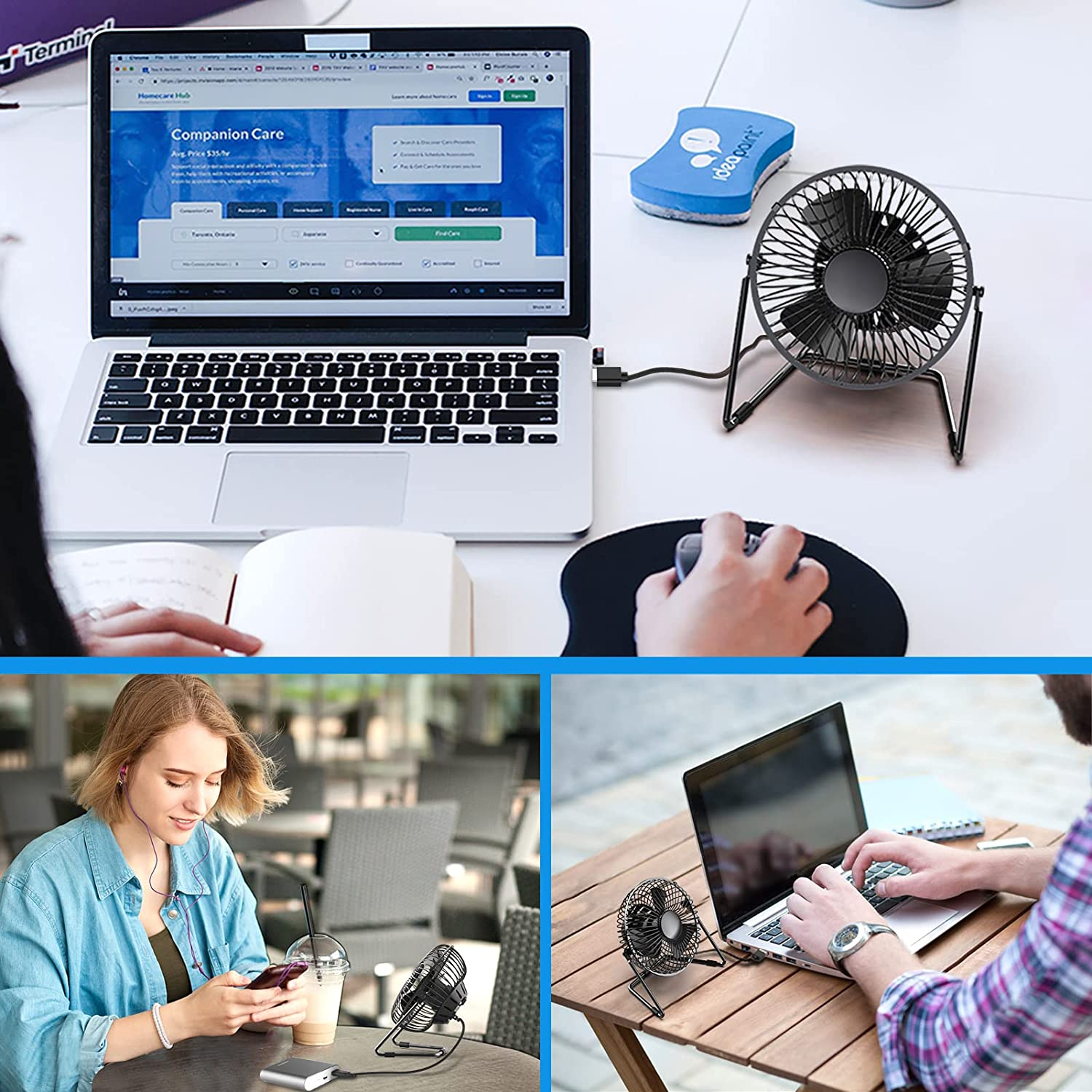 Kompakter USB-Ventilator neben Laptop, Person liest, Frau mit Handy, Mann tippt.