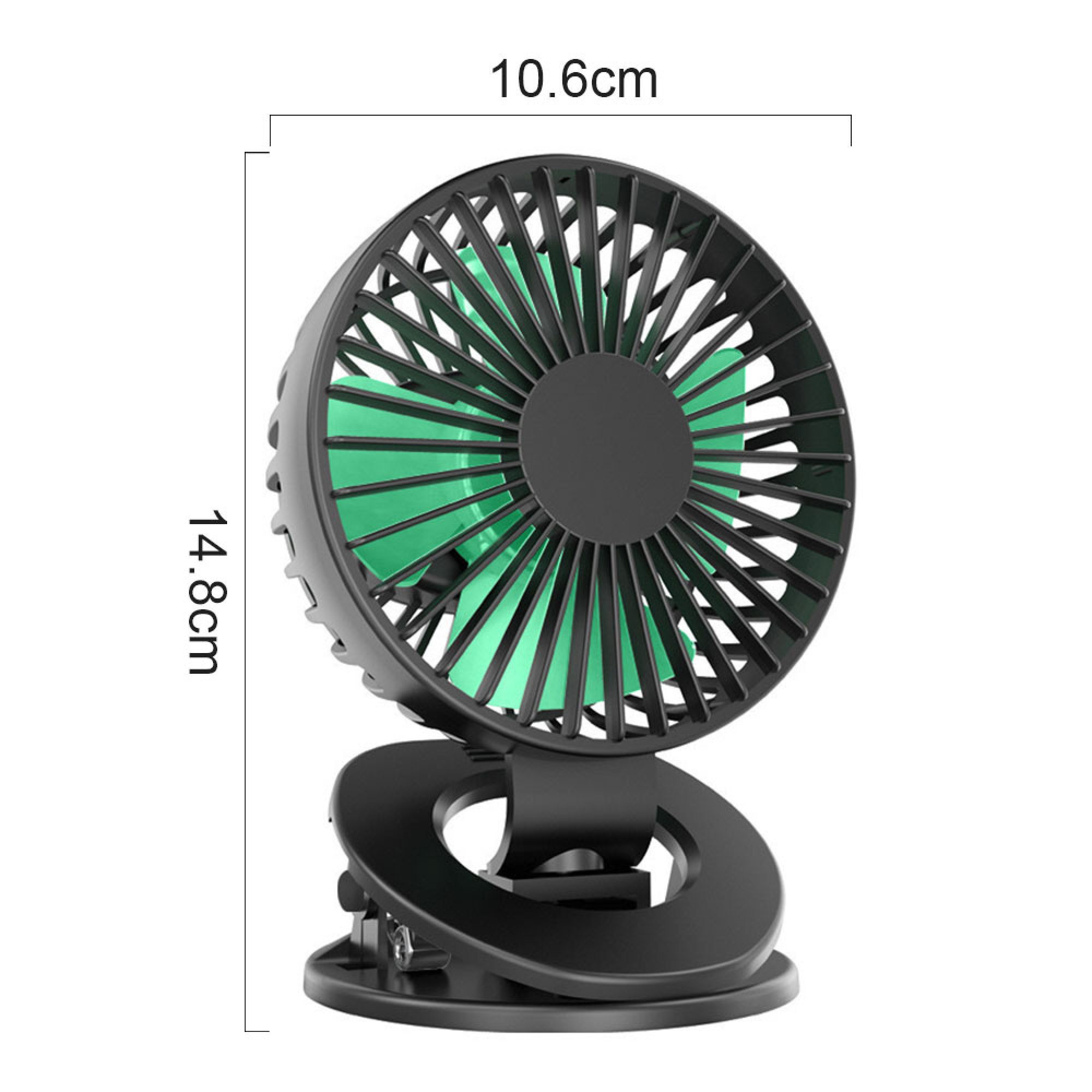 Kleiner schwarzer Clip-Ventilator mit grünen Rotorblättern.