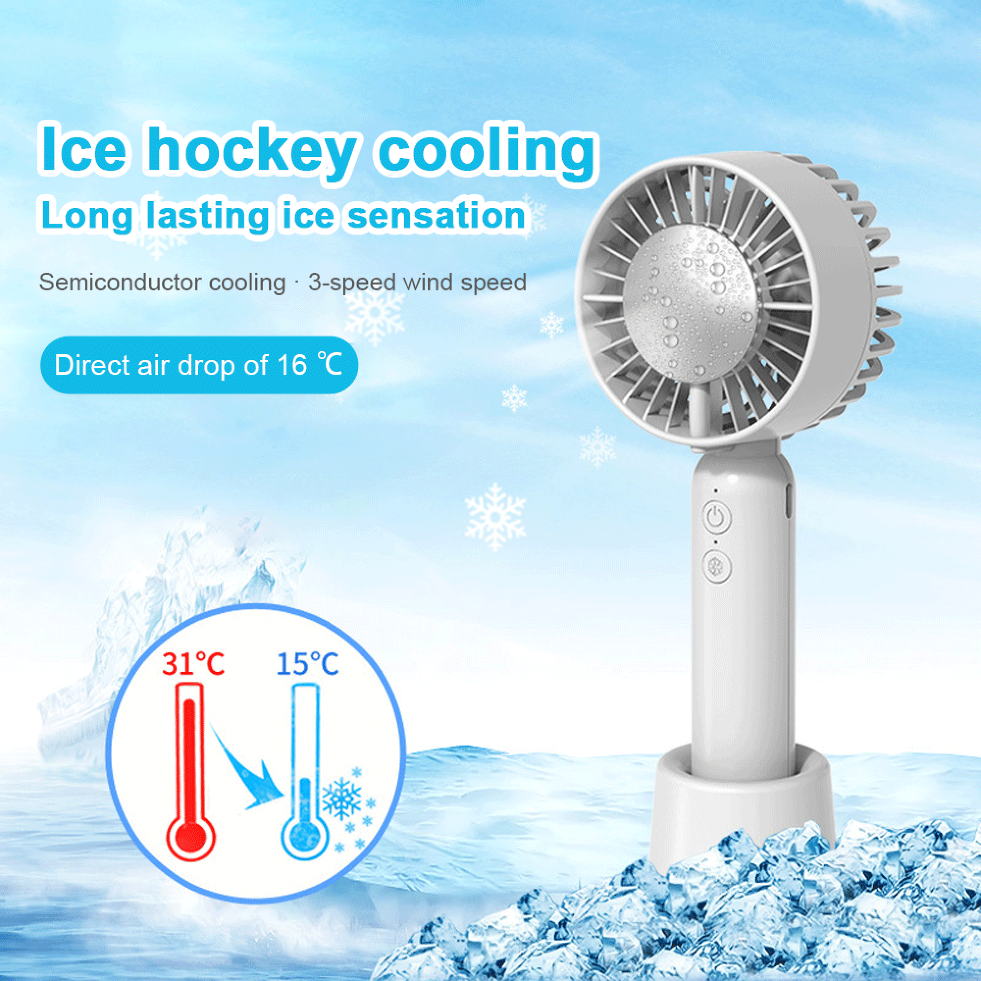 Ein weißer Ventilator mit Eiswürfeln und Thermometer-Grafik, die Kühlung anzeigt.