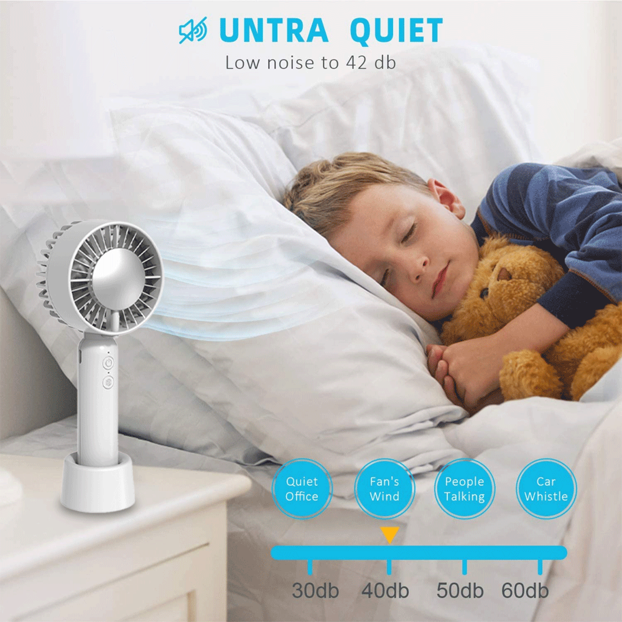 Ein weißer tragbarer Ventilator auf einem Nachttisch neben einem schlafenden Kind und Teddybär.