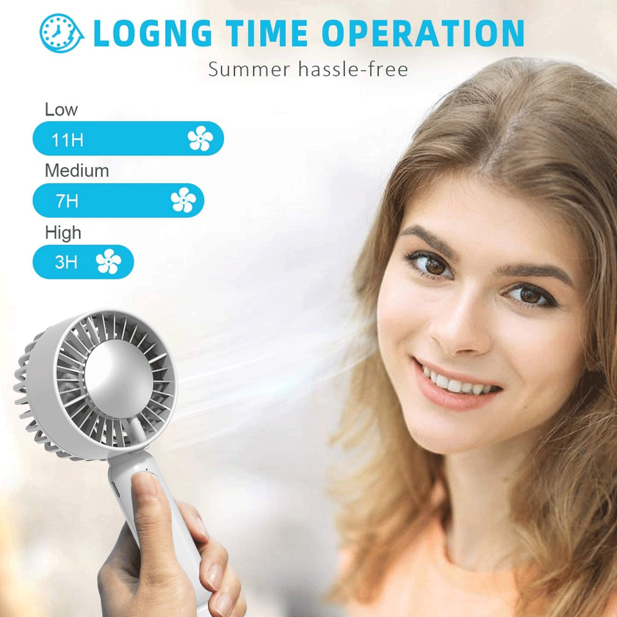Eine Hand hält einen weißen tragbaren Ventilator. Text zeigt Betriebszeiten: Niedrig 11H, Mittel 7H, Hoch 3H.