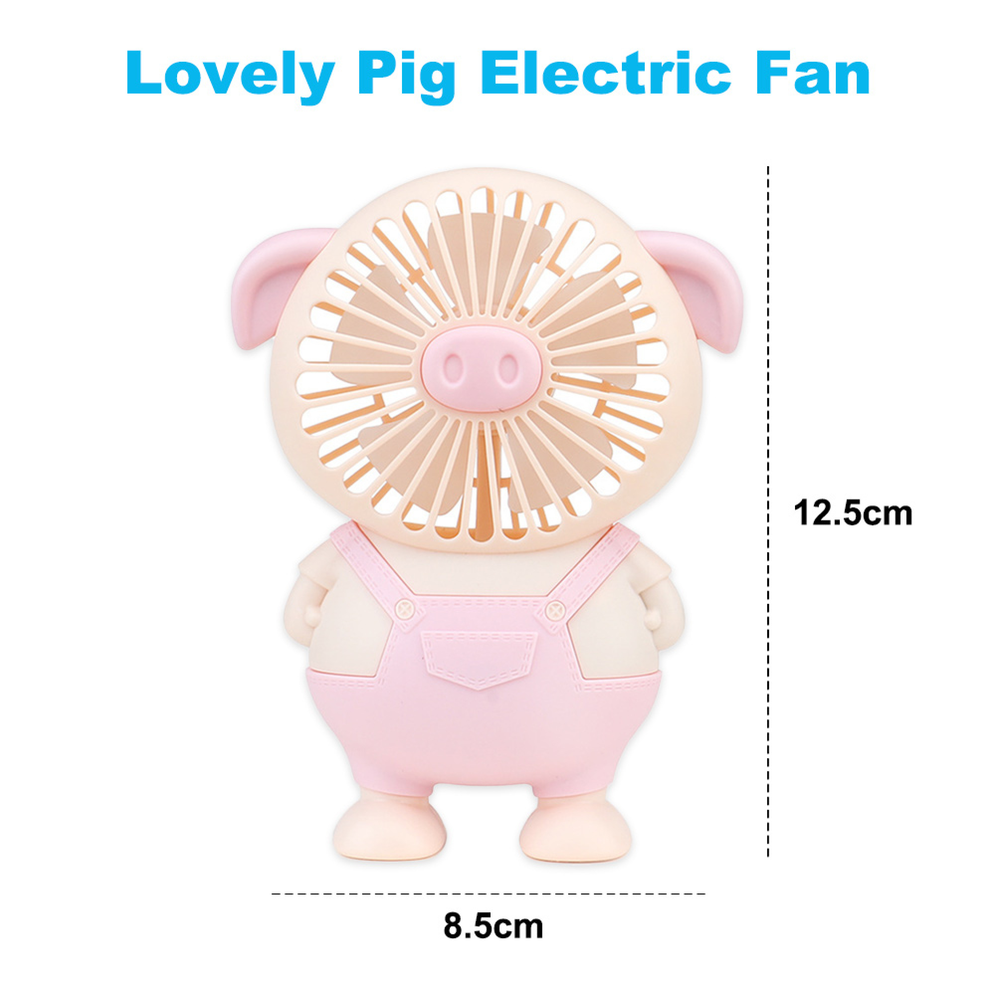 Ein rosa Schweineventilator mit Latzhose, 12,5 cm hoch und 8,5 cm breit.
