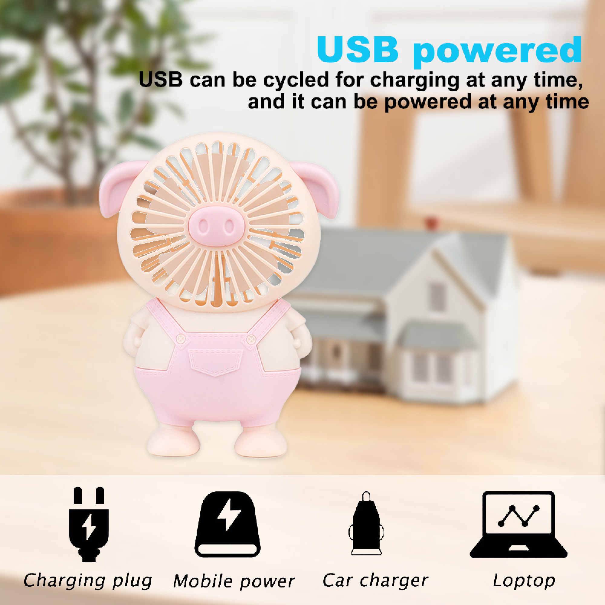 Ein rosafarbener Fächer in Schweinchenform, USB-betrieben, mit Ladeoptionen.