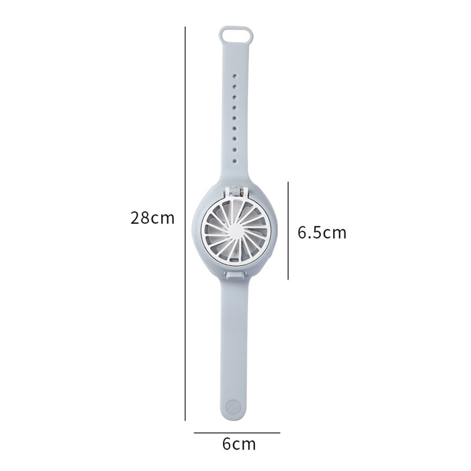 Ein grauer Armbandventilator mit Maßen 28cm x 6.5cm x 6cm.