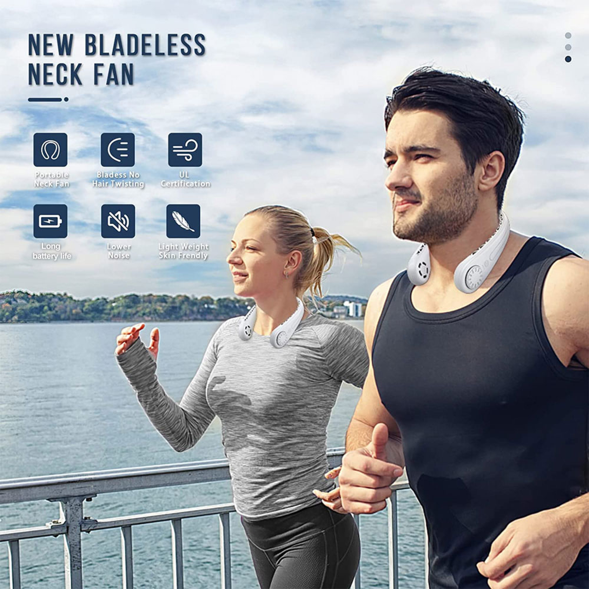 Mann und Frau joggen mit Halslüftern vor einer Wasserlandschaft.
