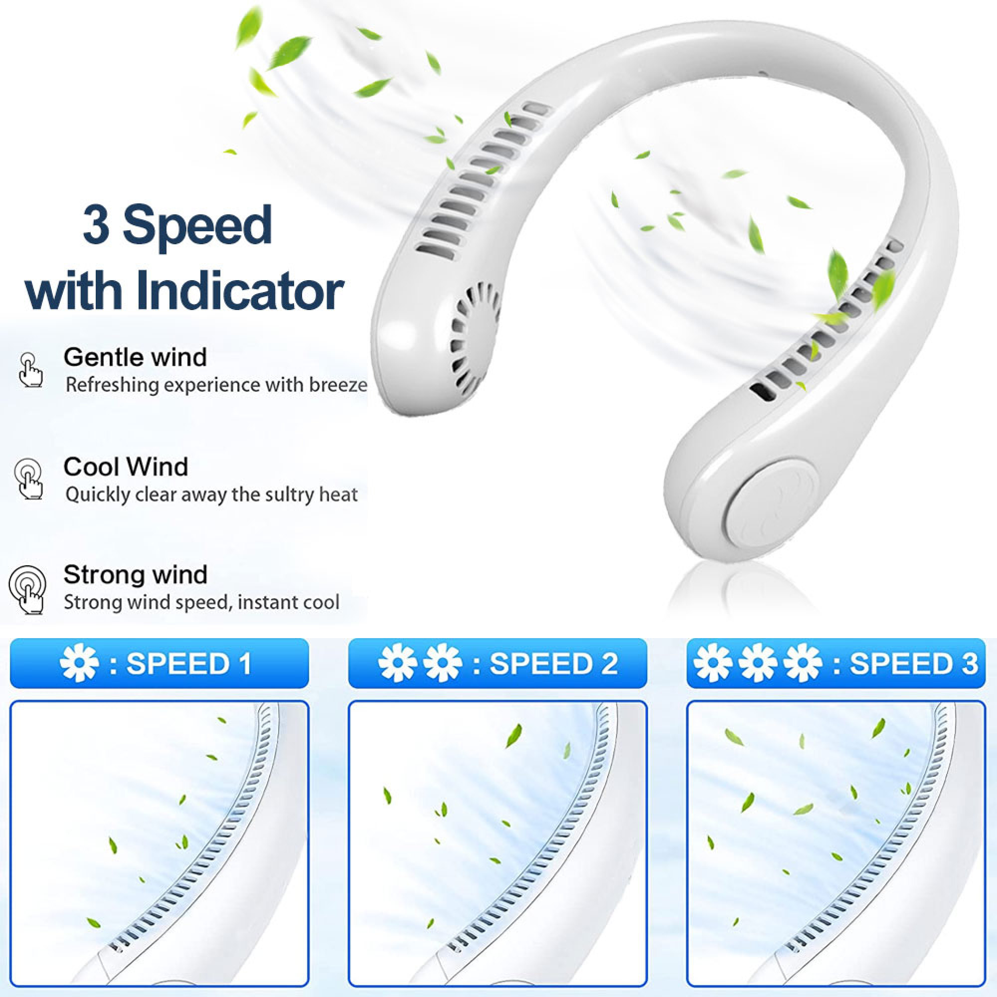 Tragbarer Ventilator mit 3 Geschwindigkeiten und Anzeige für sanften, kühlen und starken Wind.
