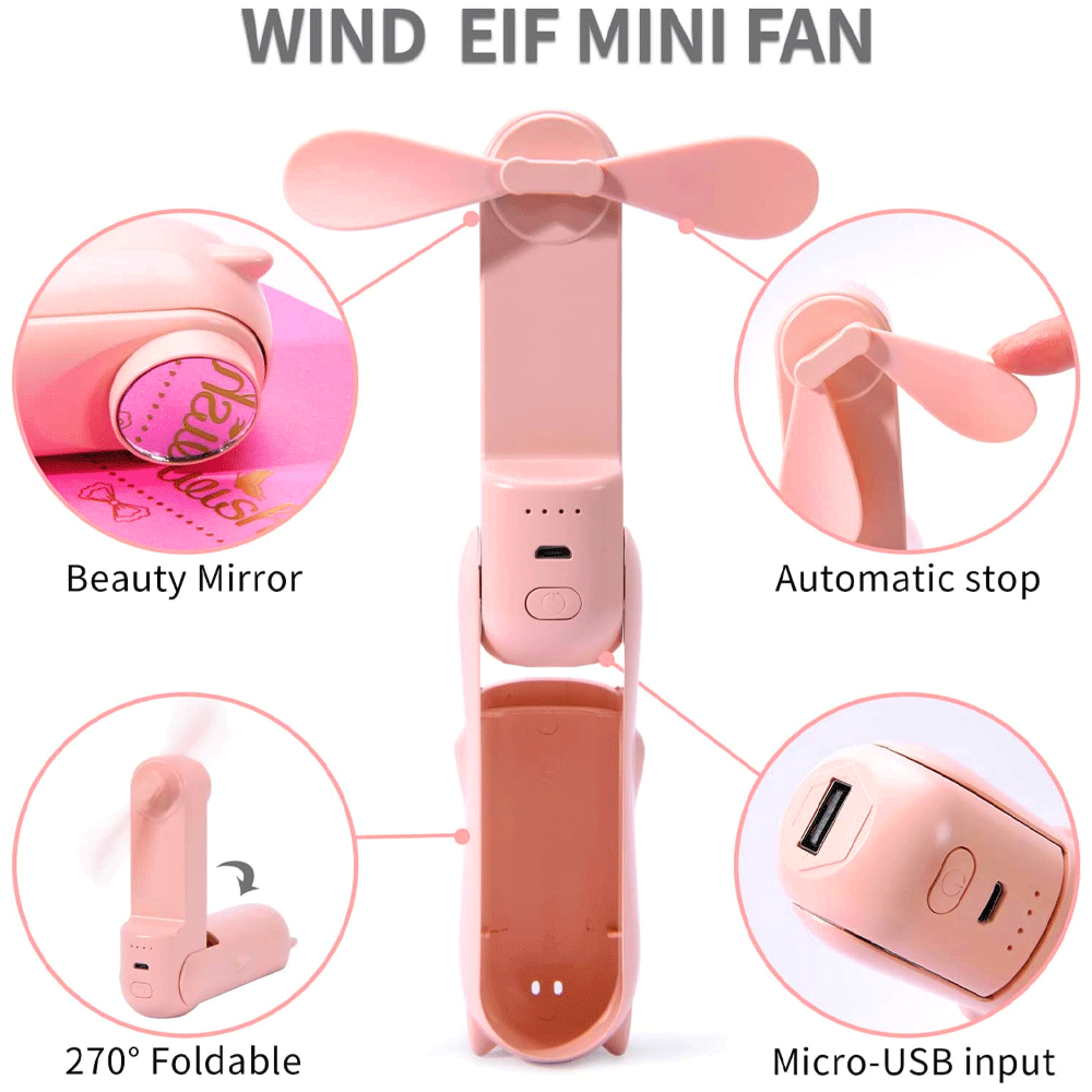 Ein rosa Mini-Ventilator mit sich drehenden Blättern, USB-Anschluss und Spiegel.