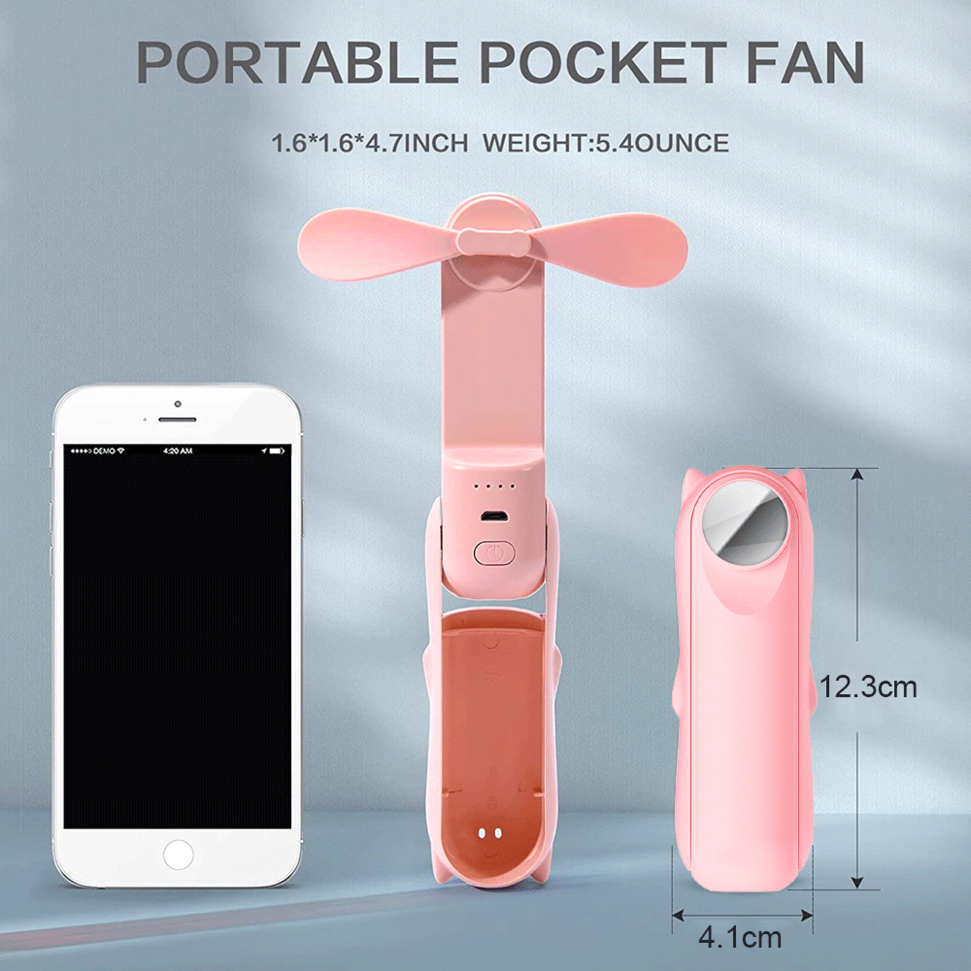 Ein rosa Ventilator, Smartphone und eine Hülle auf grauem Hintergrund.