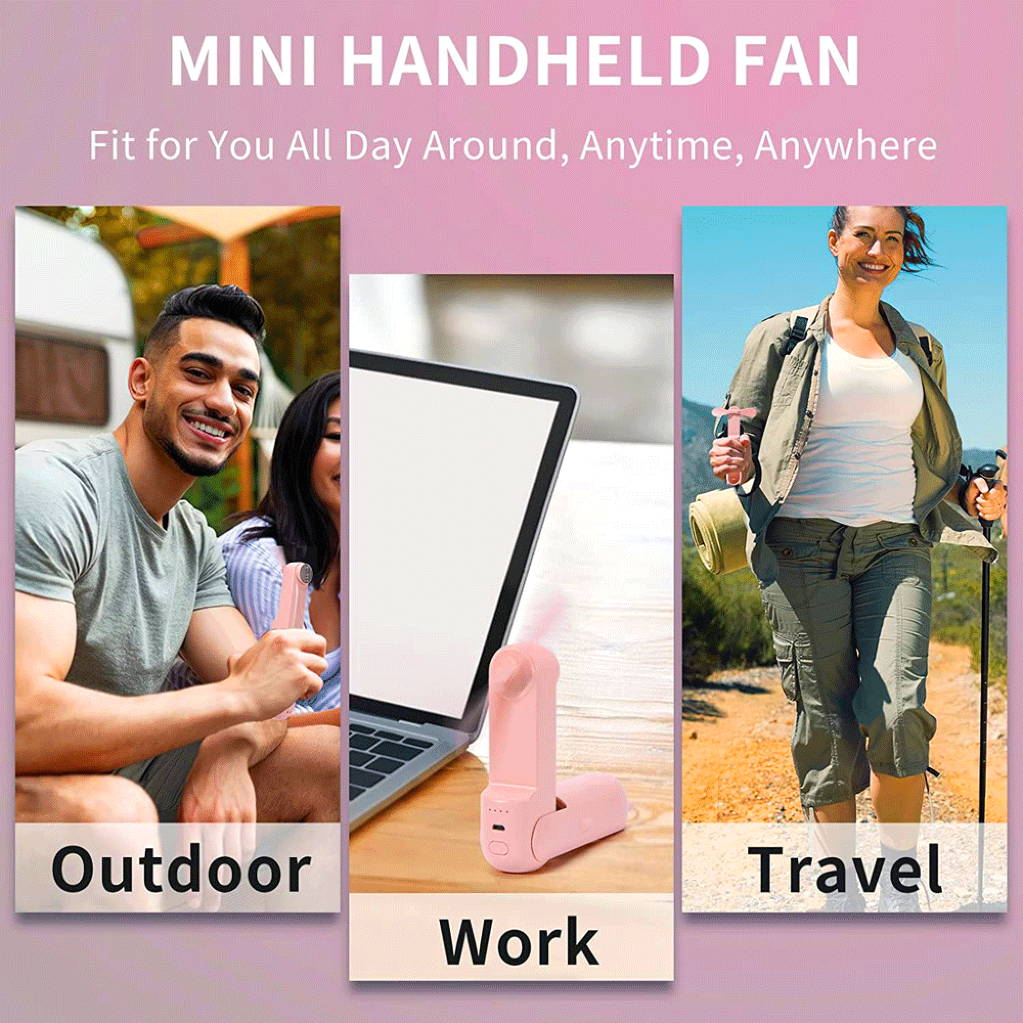 Ein Mann und eine Frau draußen, ein Lüfter am Laptop, eine Frau wandert.