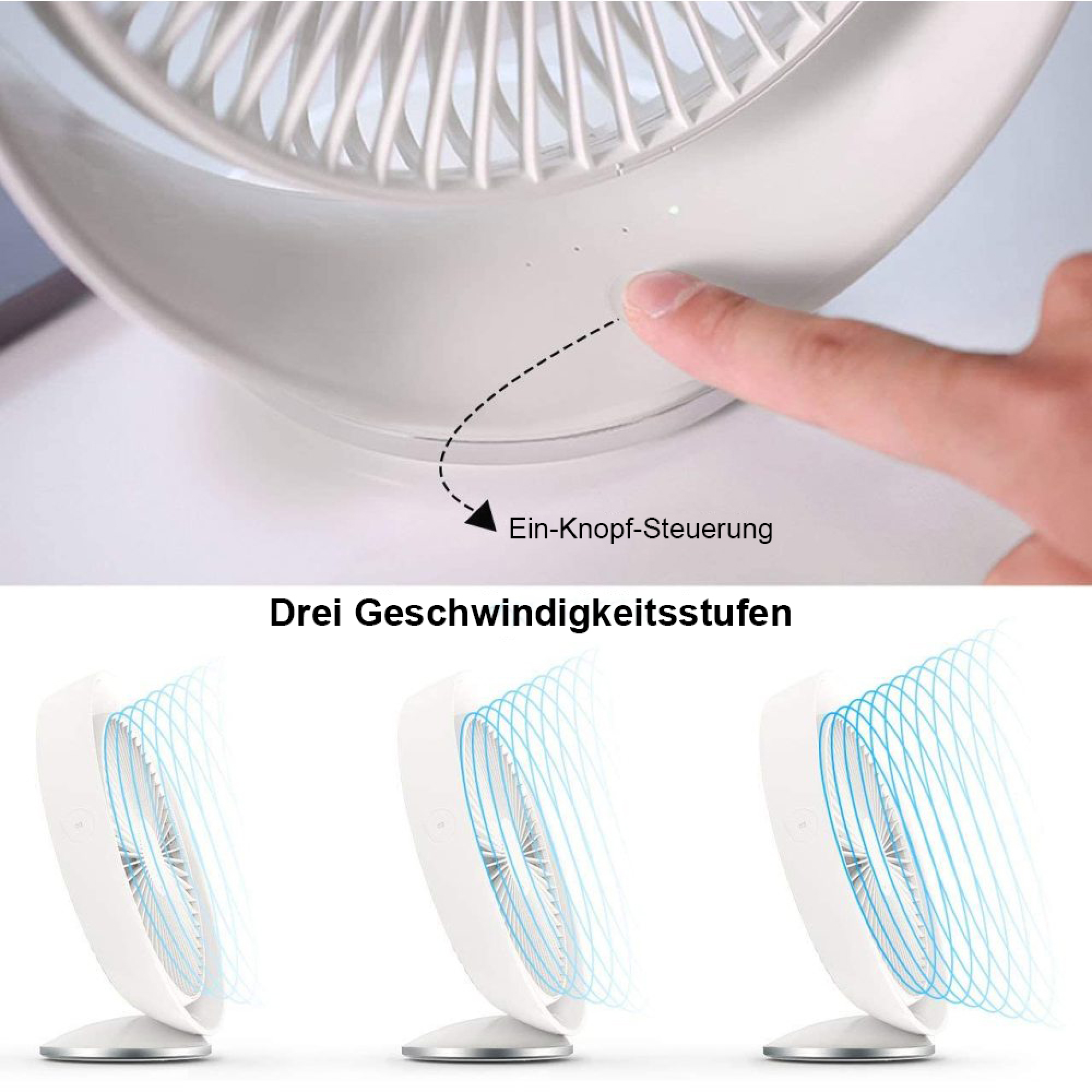 Ein Finger tippt auf einen weißen Lüfter. Drei Lüfter zeigen unterschiedliche Geschwindigkeiten.