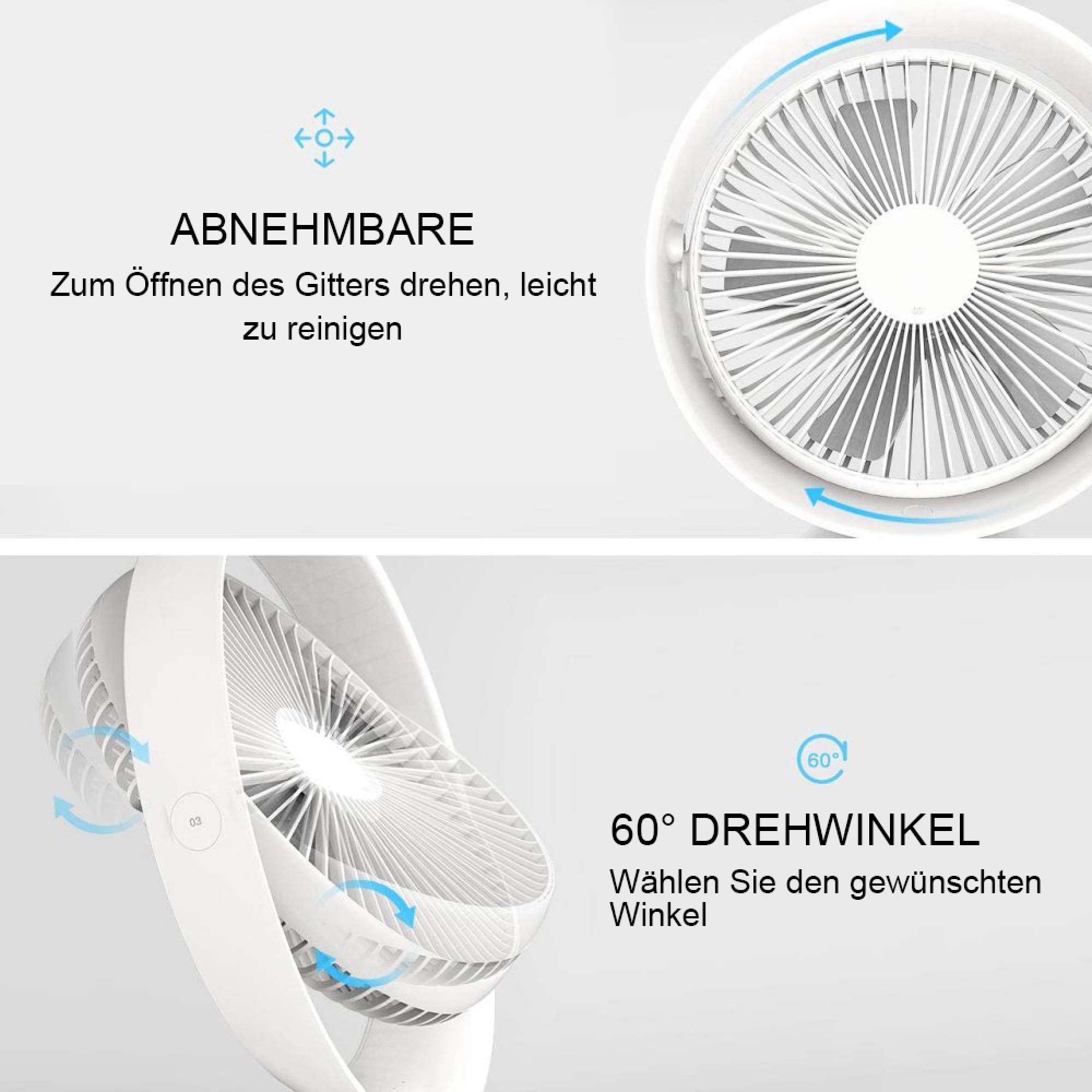 Ein weißer Ventilator mit abnehmbarem Gitter und 60 Grad Schwenkbereich.