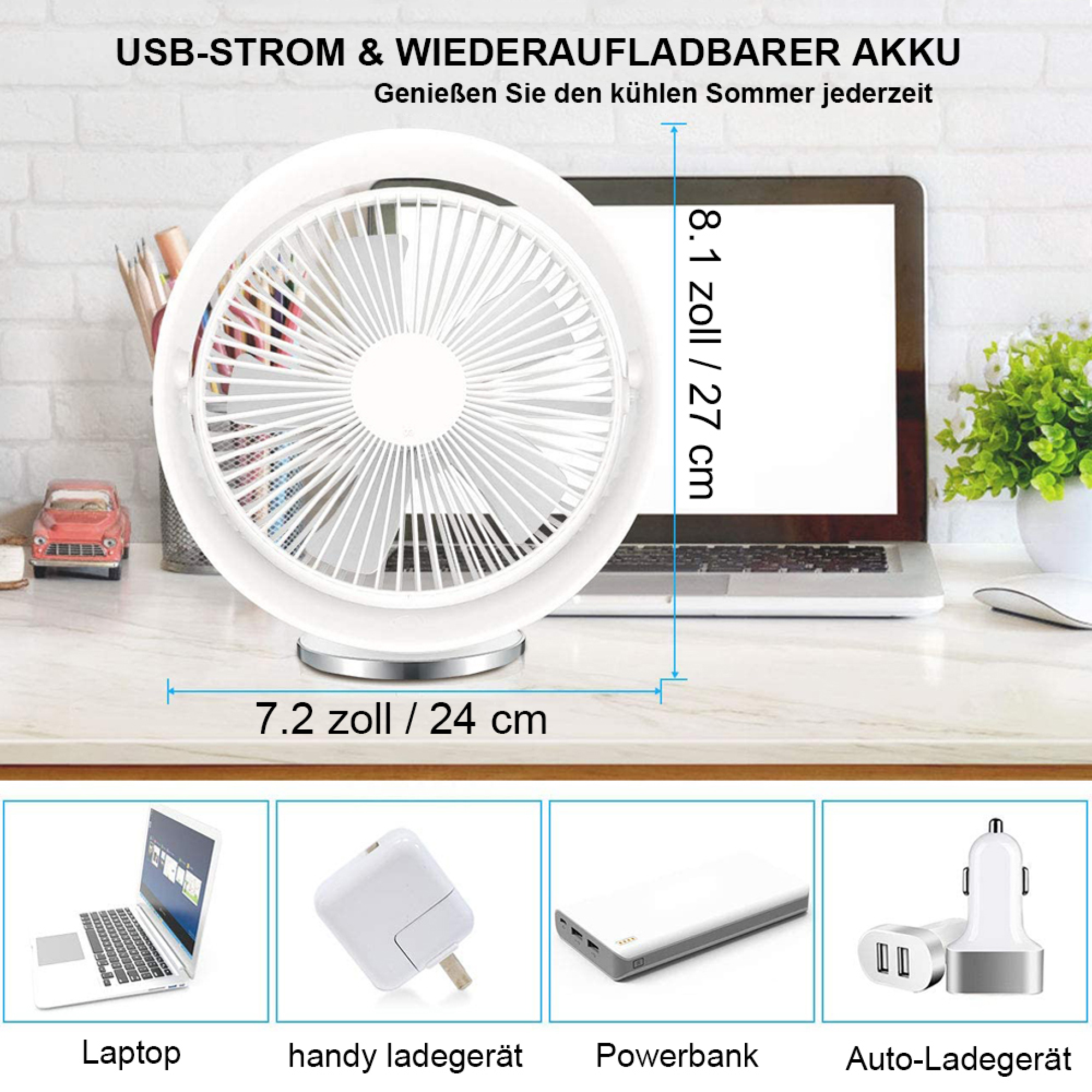 Ein weißer USB-Ventilator steht neben einem Laptop. Unten sind vier Ladeaccessoires abgebildet.