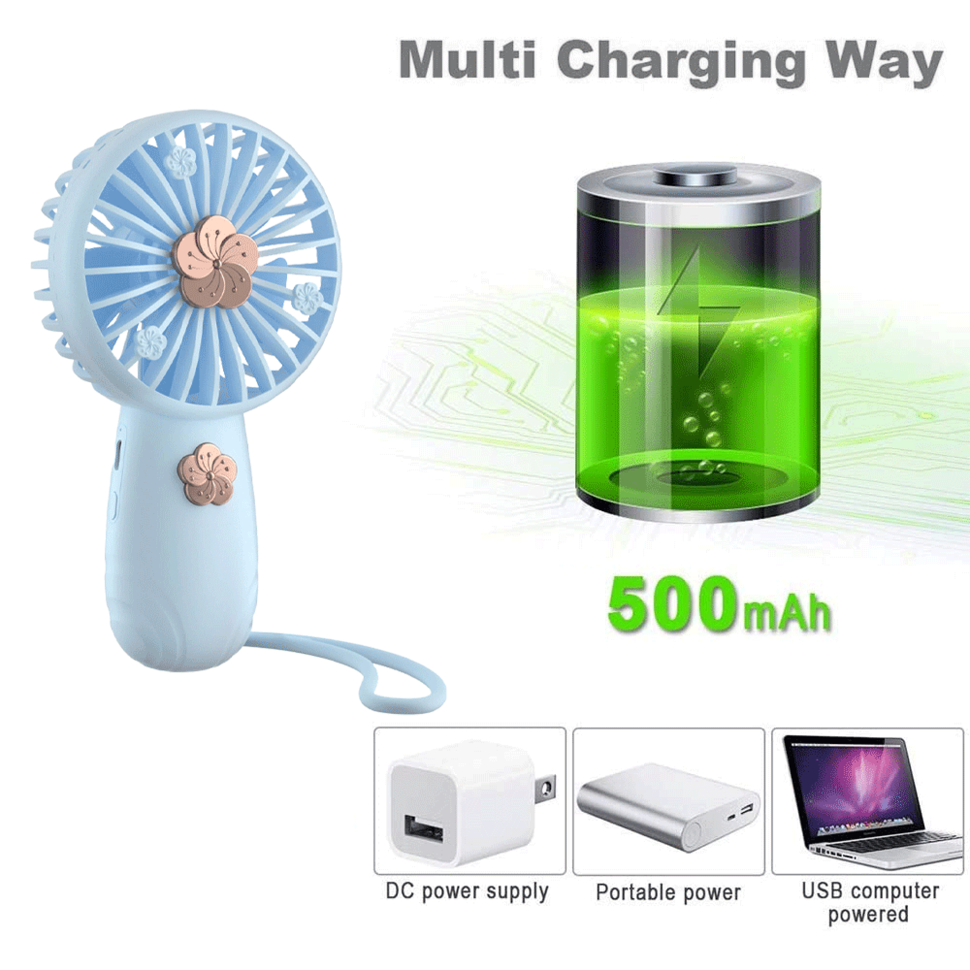 Hellblauer Ventilator mit Blumendesign, 500mAh Akku, Gleichstromversorgung, tragbar, USB-Computer.