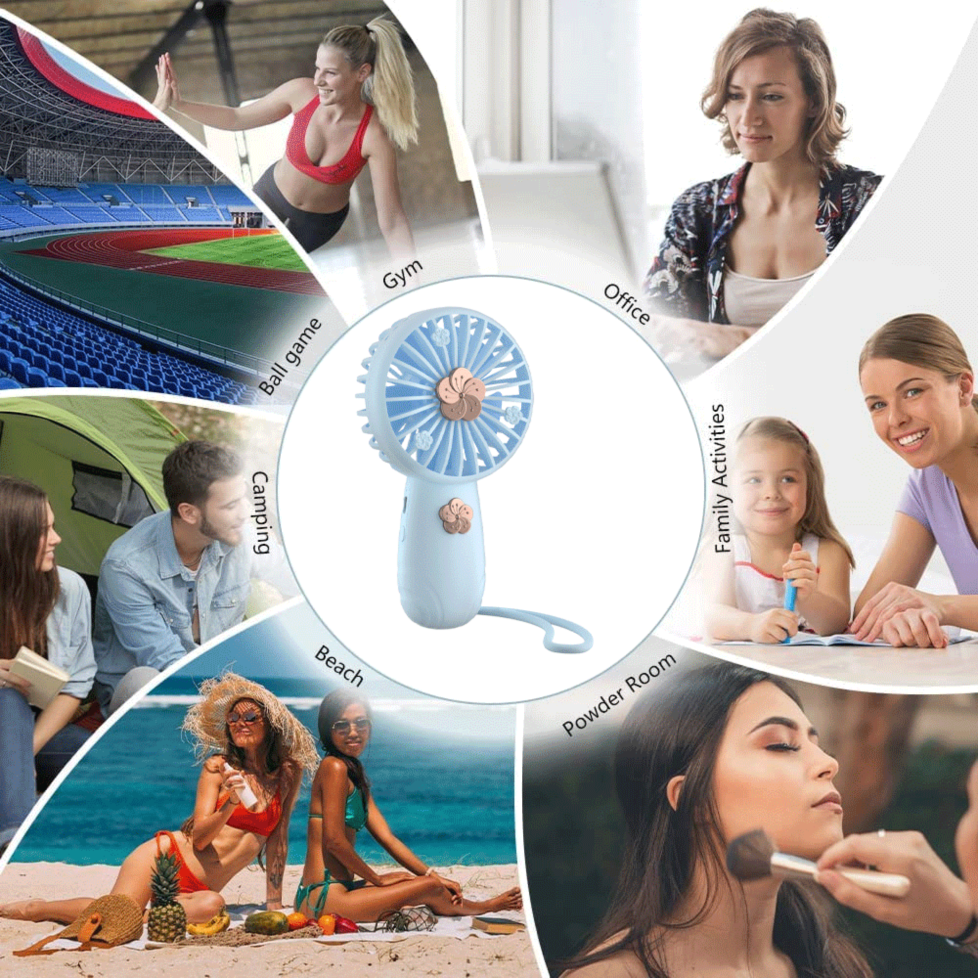 Ein tragbarer Ventilator, der bei verschiedenen Aktivitäten wie Fitness, Camping, Strand und Büro verwendet wird.