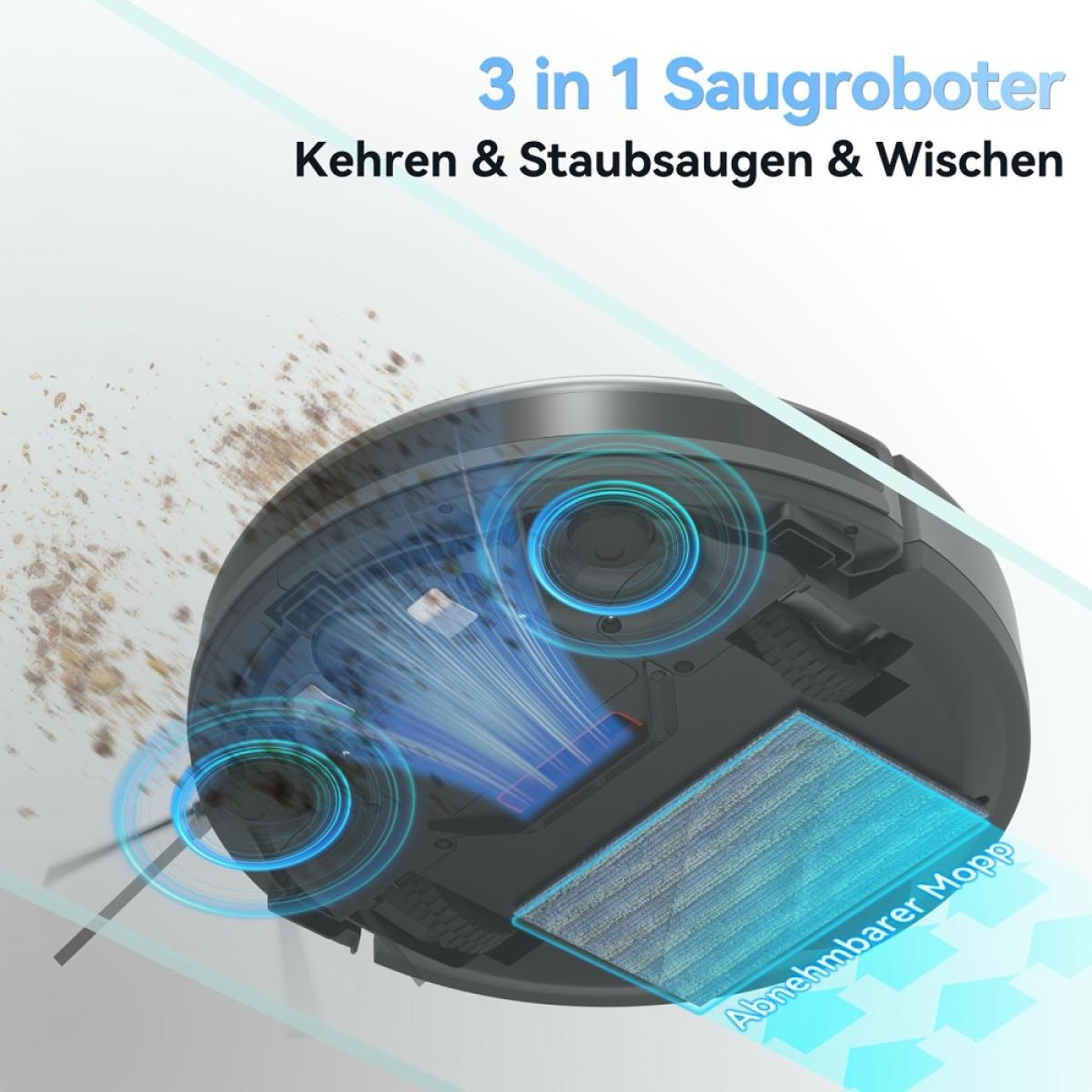 Ein Saugroboter mit blauem Saug- und Wischsystem auf schmutzigem Boden.