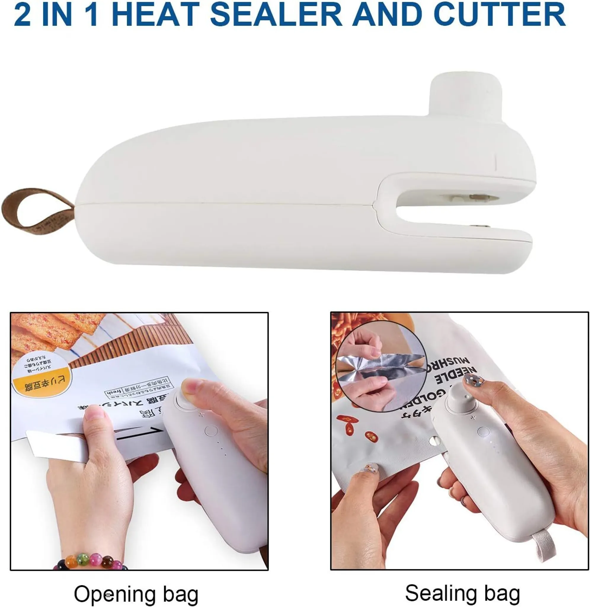 Ein weißes 2-in-1 Heißsiegelgerät mit einem Lederband, das eine Tüte öffnet und versiegelt.