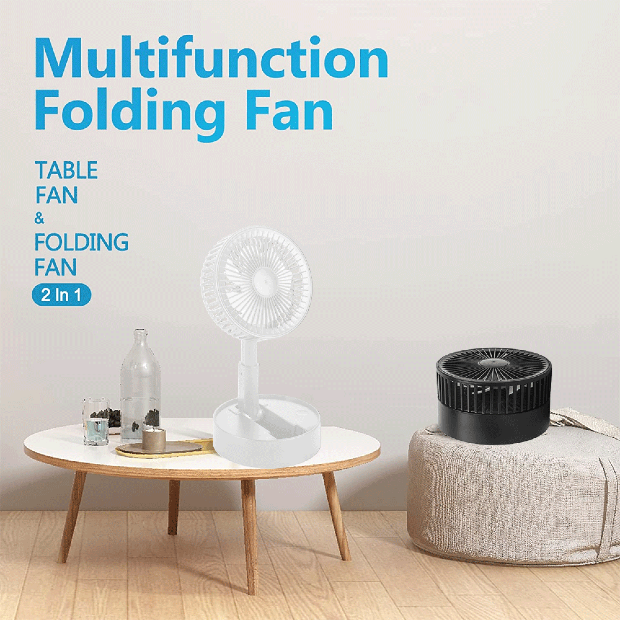 Ein weißer faltbarer Ventilator steht auf einem Tisch neben einer Flasche und Gläsern. Ein schwarzer Ventilator sitzt auf einem Hocker.