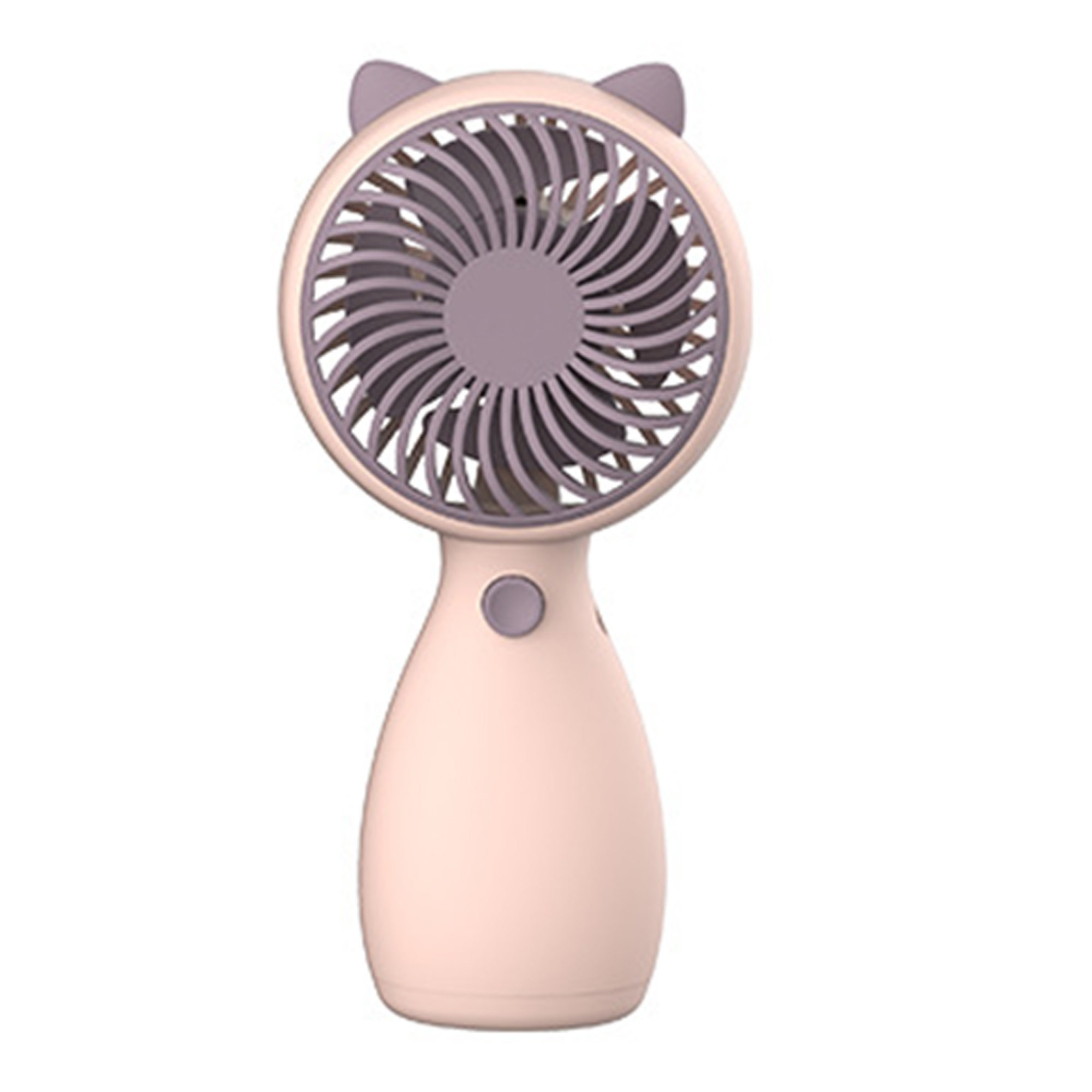 Ein kleiner rosafarbener Ventilator mit Katzenohren und grauen Lüfterblättern.