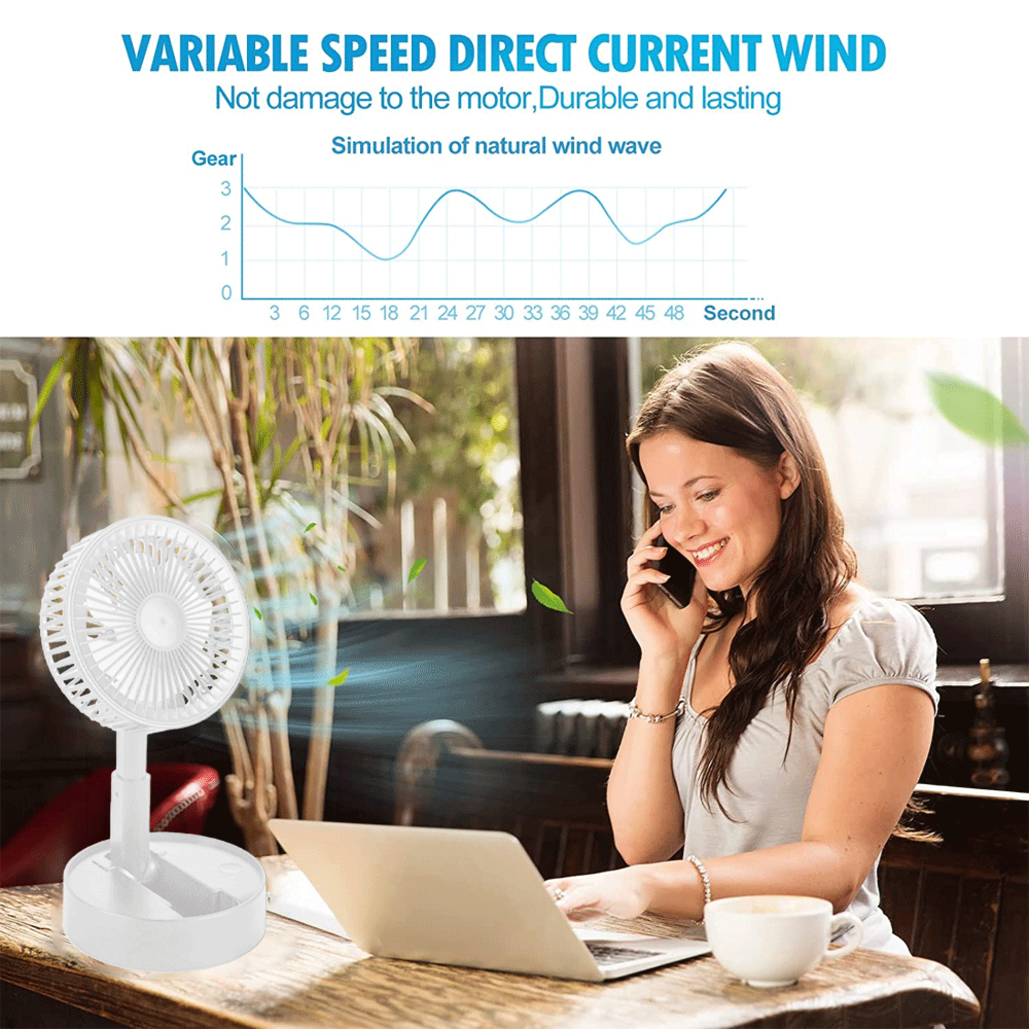 Ein weißer Ventilator steht auf einem Holztisch, eine Frau telefoniert.