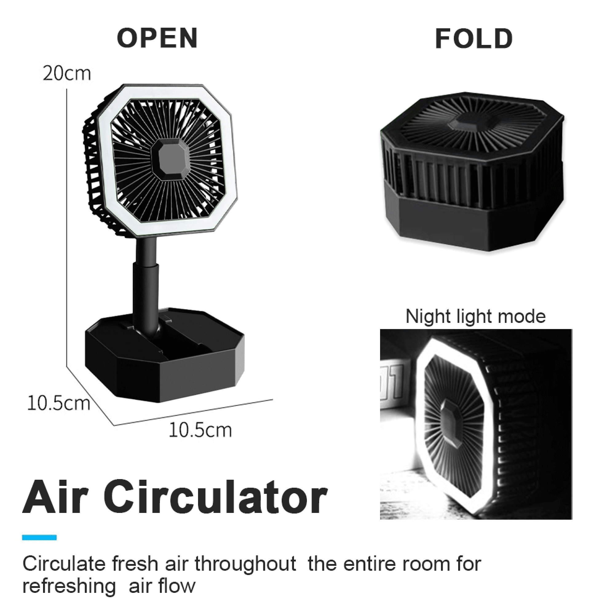 Ein schwarzer Ventilator mit LED-Beleuchtung in geöffnetem und gefaltetem Zustand.
