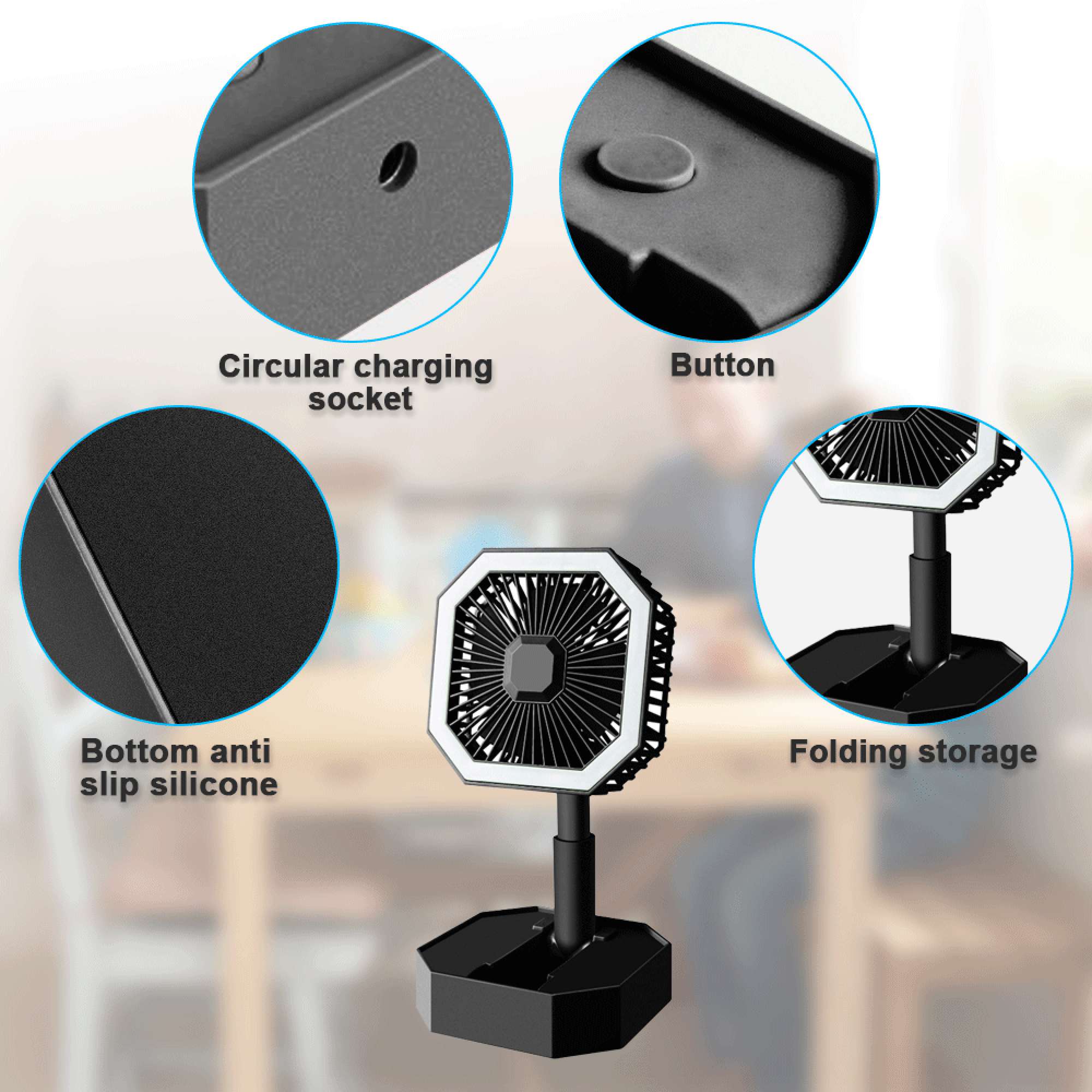 Ein kleiner, achteckiger Ventilator mit LED-Ring auf einem Sockel mit Anti-Rutsch-Silikon.