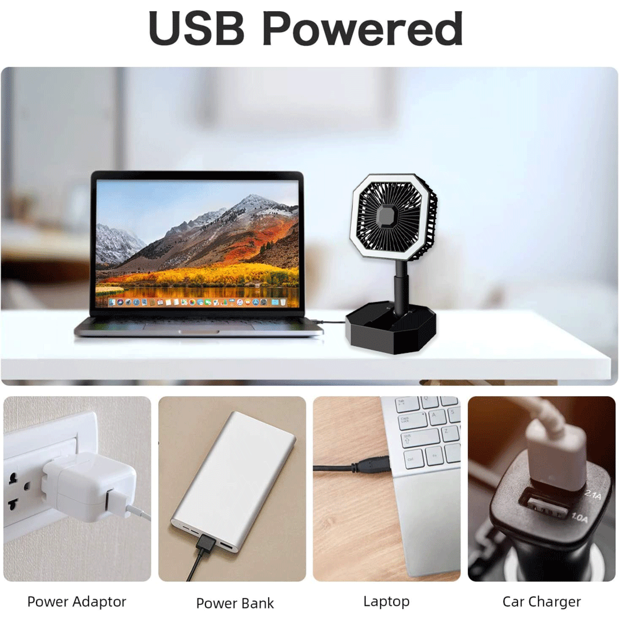 Laptop mit Lüfter, daneben Stromquellen: Netzteil, Powerbank, Autoladegerät.