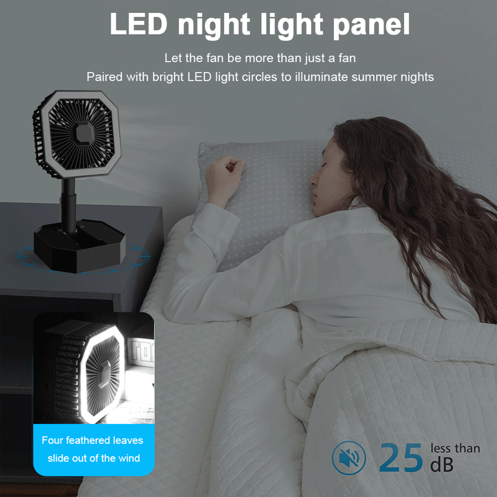 Ein schwarzer Ventilator mit LED-Licht auf einem Nachttisch neben einer schlafenden Person.