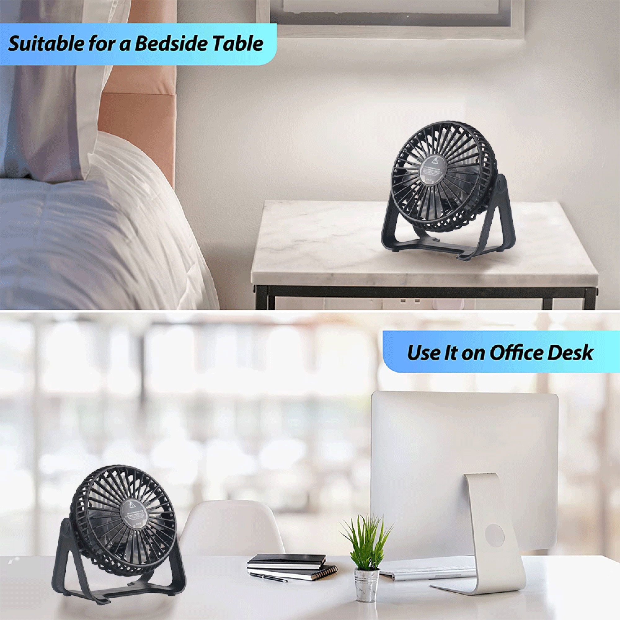 Ein kleiner schwarzer Ventilator auf einem Nachttisch und ein weiterer auf einem Schreibtisch.