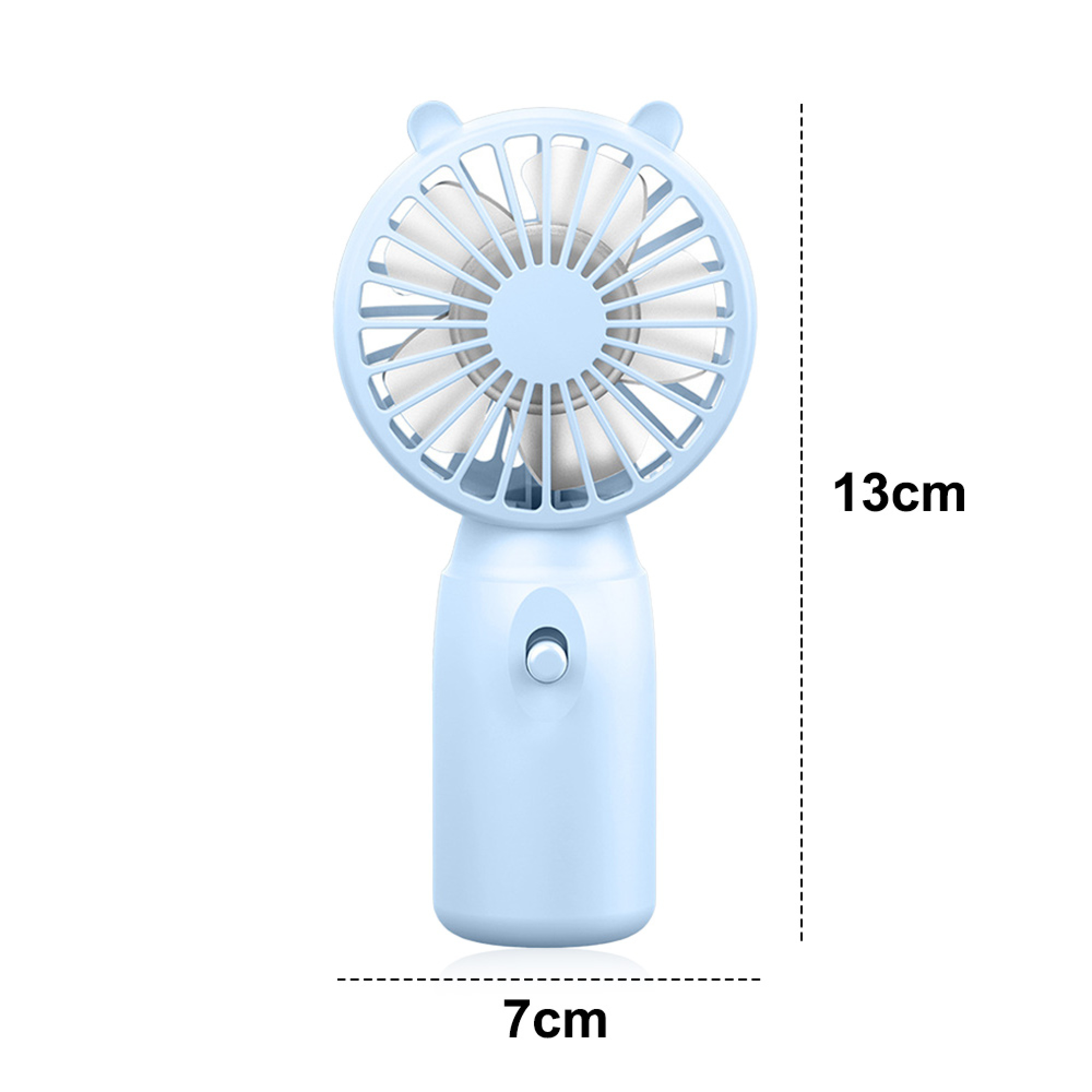 Ein hellblauer Handventilator mit Ohren und einem Schalter, 13cm hoch.