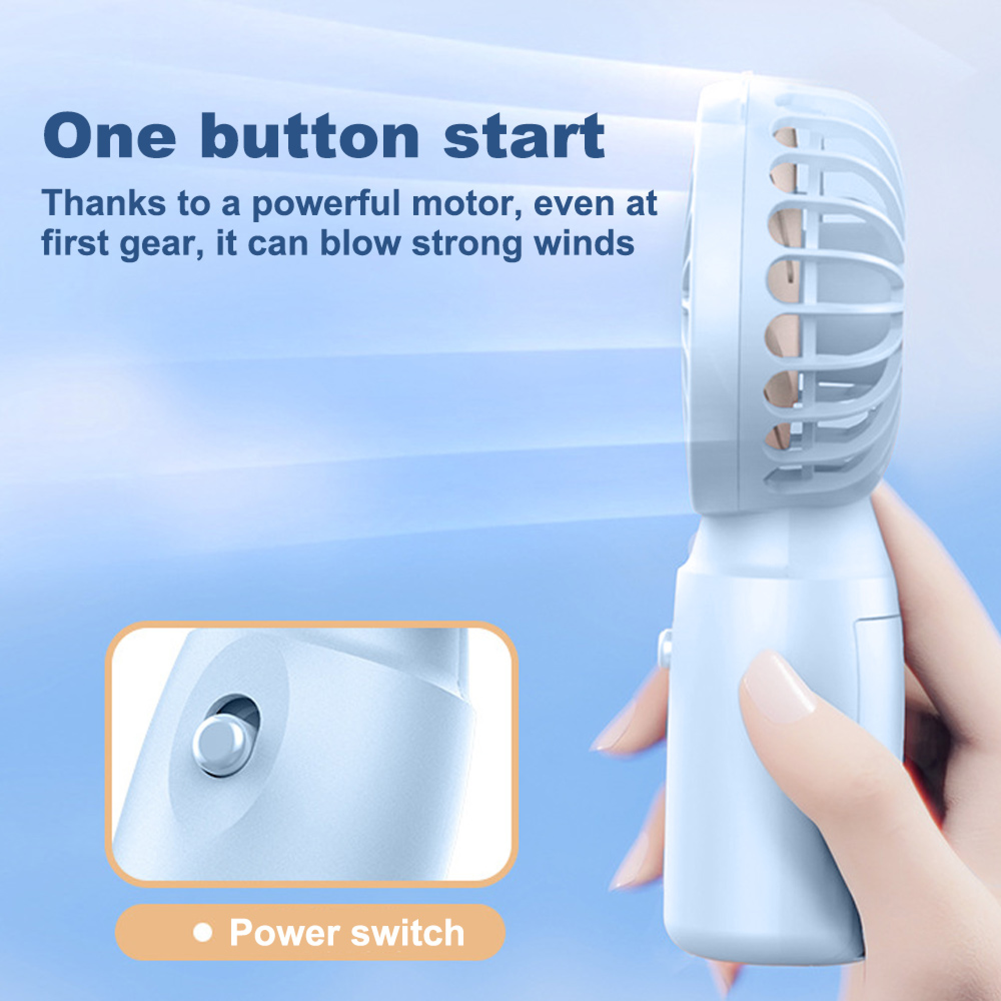 Eine Hand hält einen hellblauen Ventilator. Nahaufnahme des Schalters.