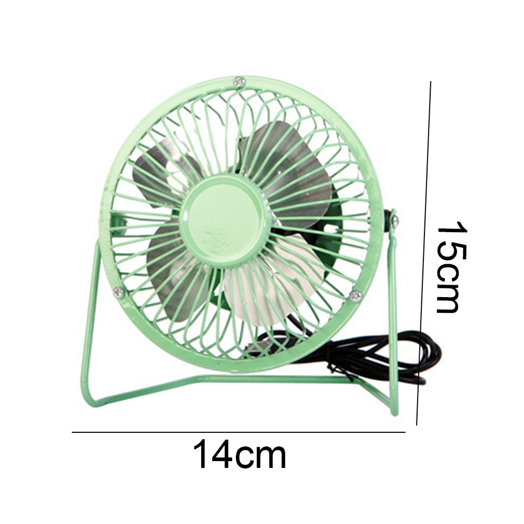 Ein kleiner grüner Ventilator mit Metallgitter und schwarzem Kabel.