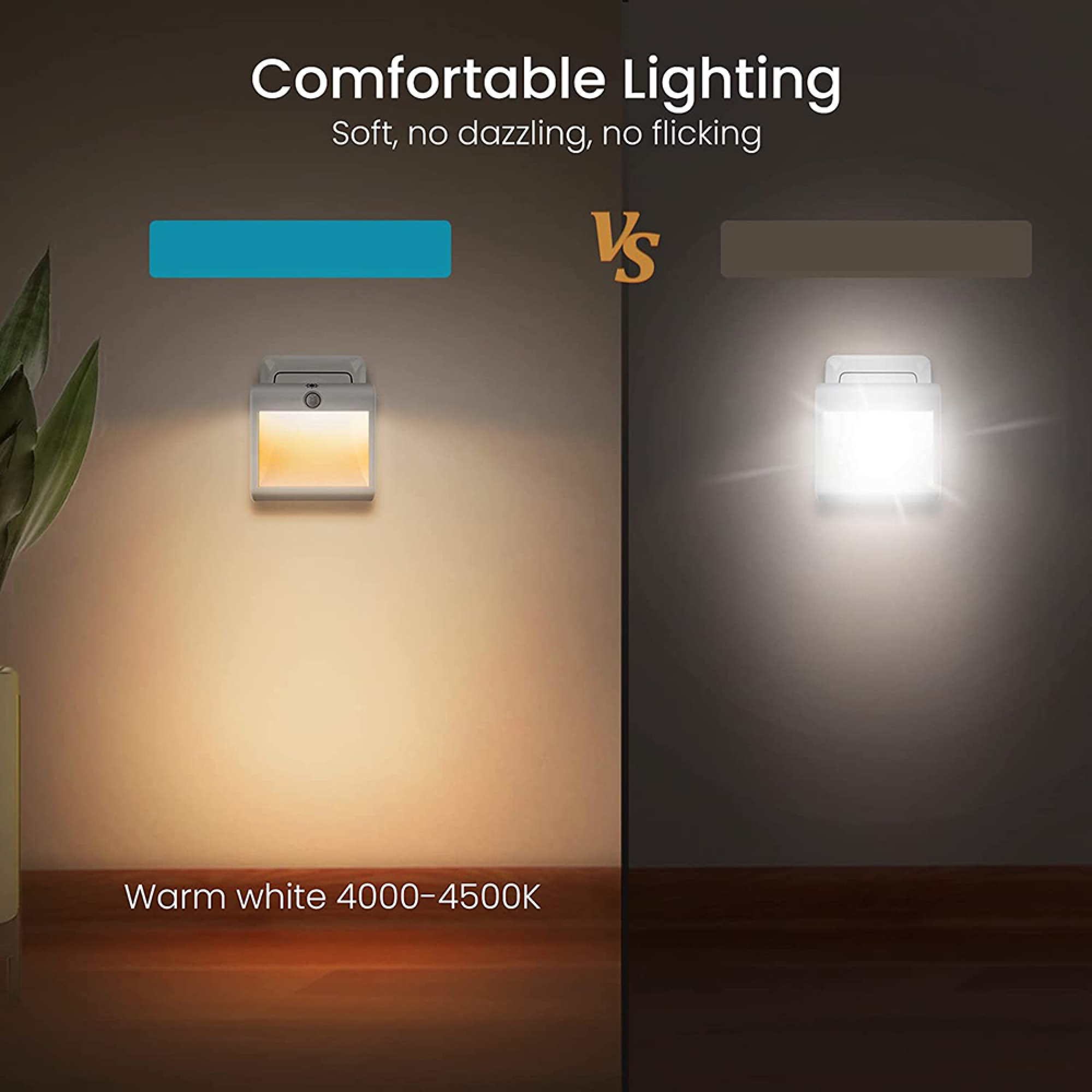 Zwei Nachtlichter an einer Wand, eines warmweiß, eines hellweiß.