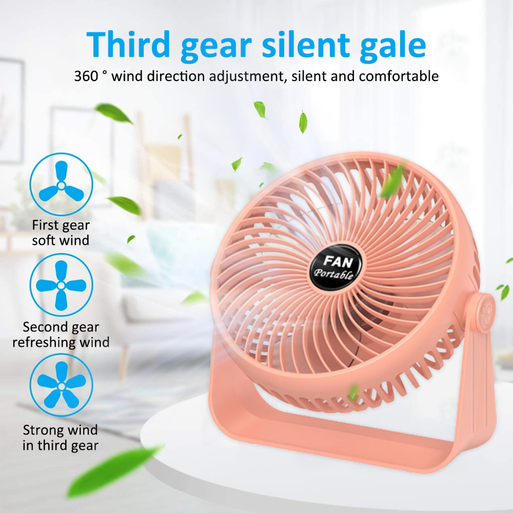 Ein pinker tragbarer Ventilator mit drei angezeigten Windgeschwindigkeitsstufen.