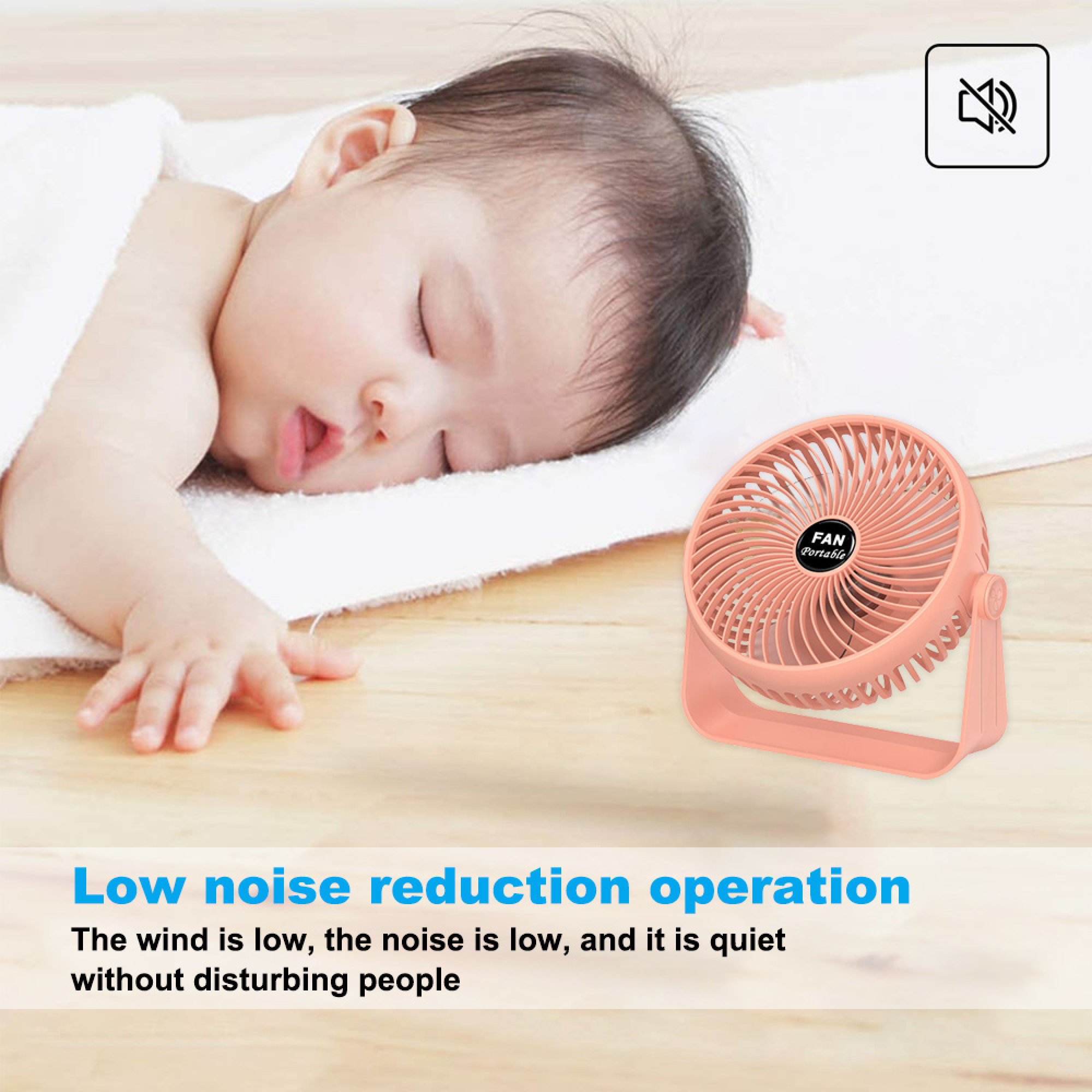 Ein Baby schläft neben einem kleinen, pfirsichfarbenen Ventilator mit einem Lautlos-Symbol.